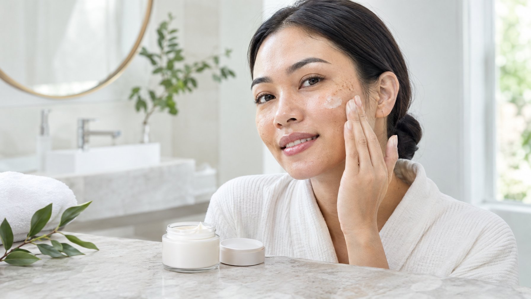 Seorang perempuan mengoleskan krim wajah di pipinya, dengan sebuah wadah krim di atas meja.