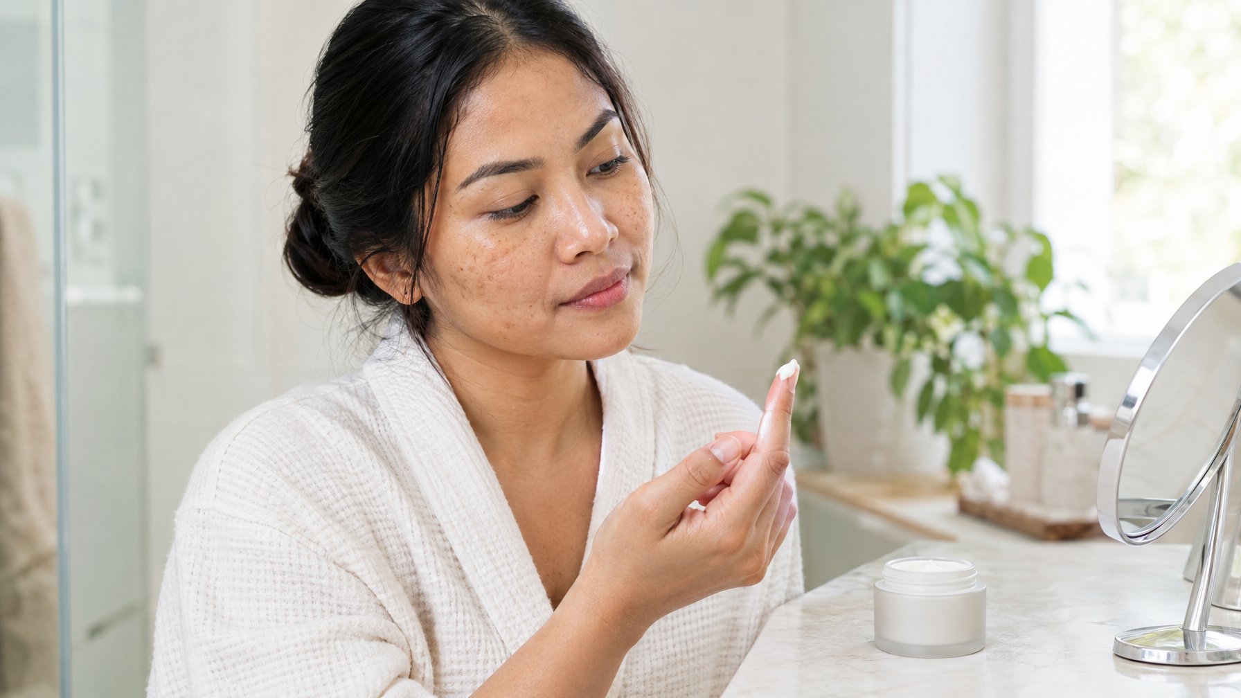 Seorang perempuan memeriksa krim wajah di depan cermin.