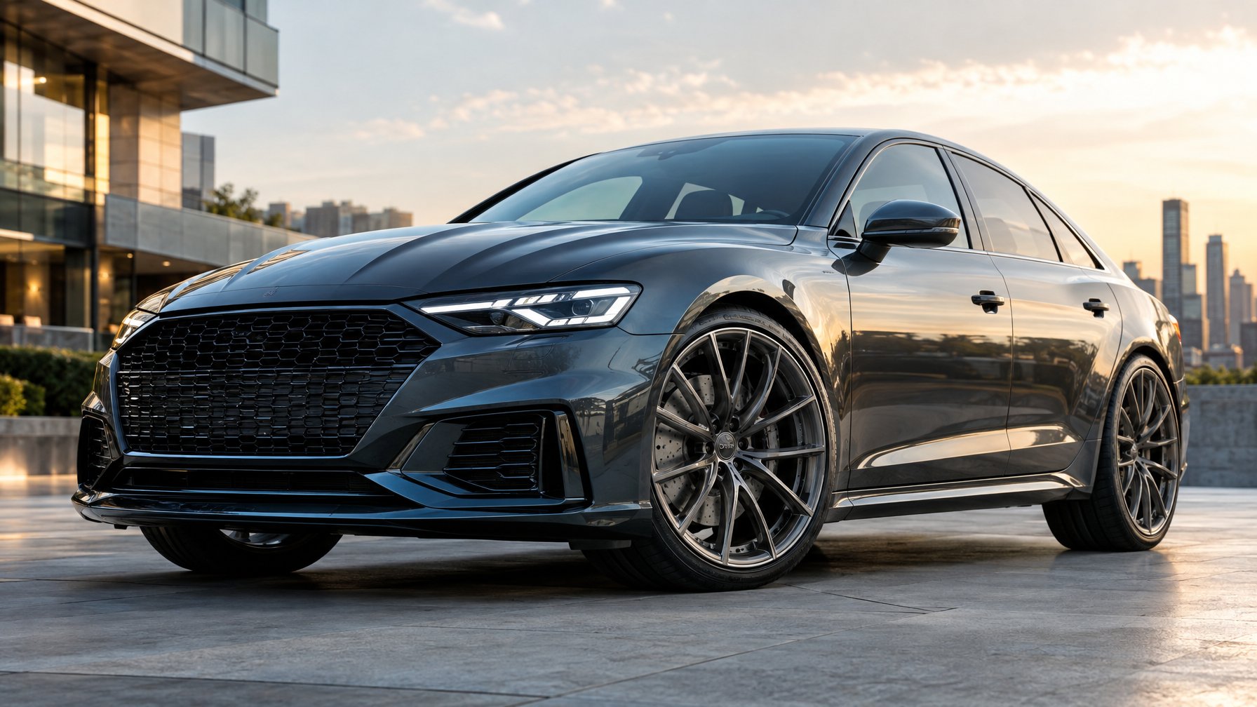Mobil sedan modern terparkir di kawasan perkotaan, dengan velg alloy berjari-jari yang tampak jelas.