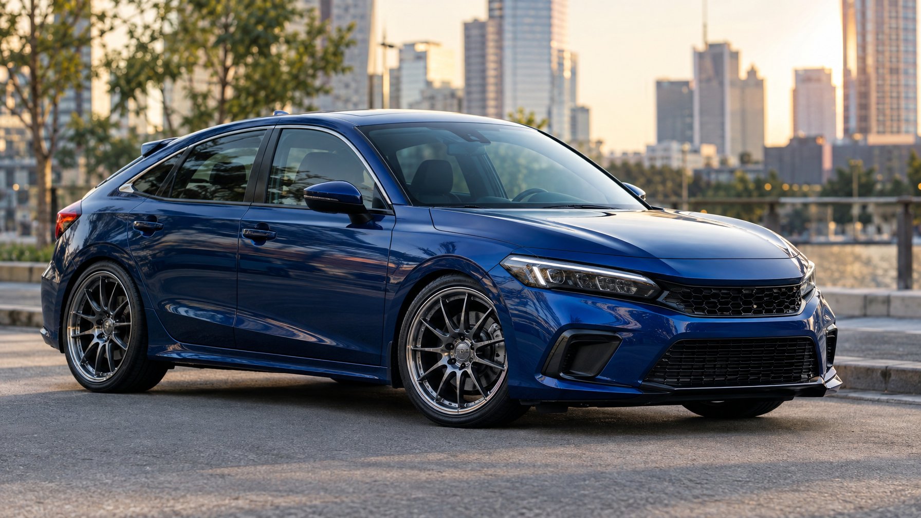 Mobil hatchback biru dengan velg bergaya sporty terparkir di jalan kota.