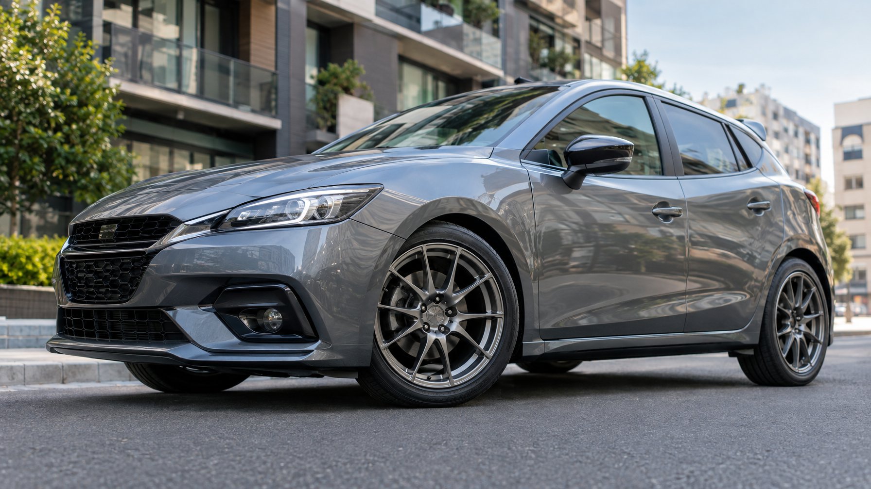 Mobil hatchback dengan velg multi-spoke terparkir di jalan kota.