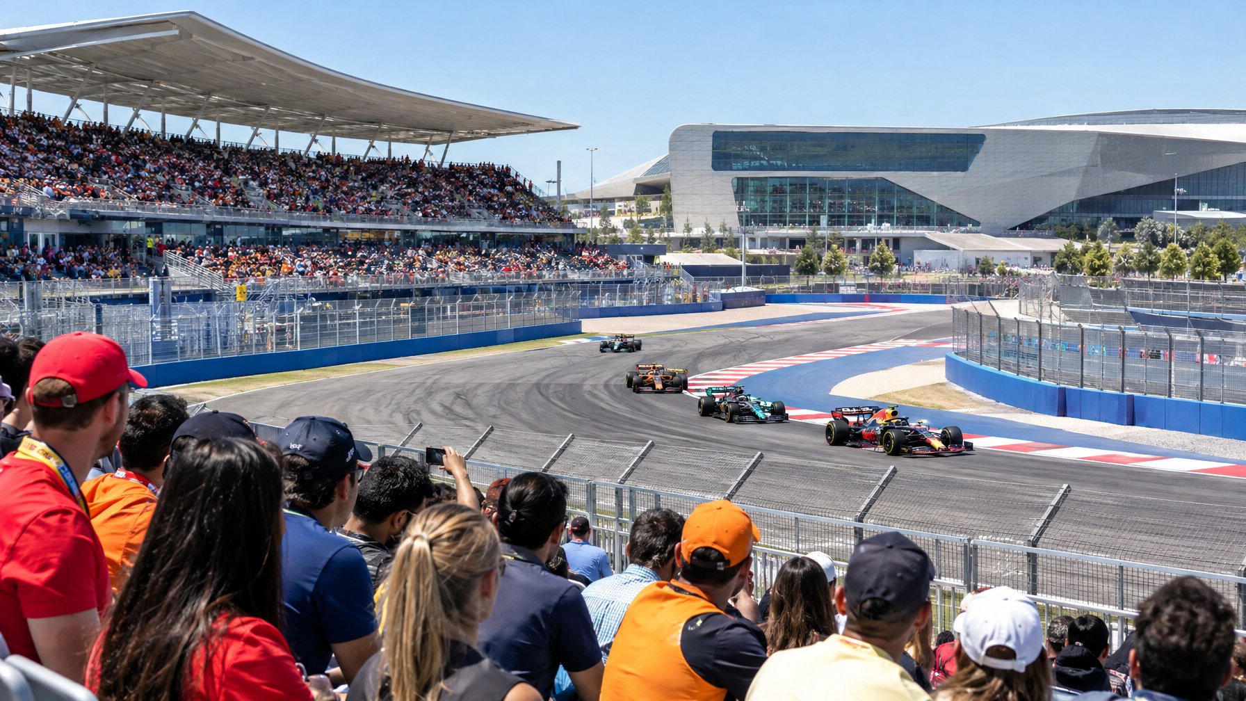 Penonton menyaksikan mobil Formula 1 melaju di sirkuit Madrid.