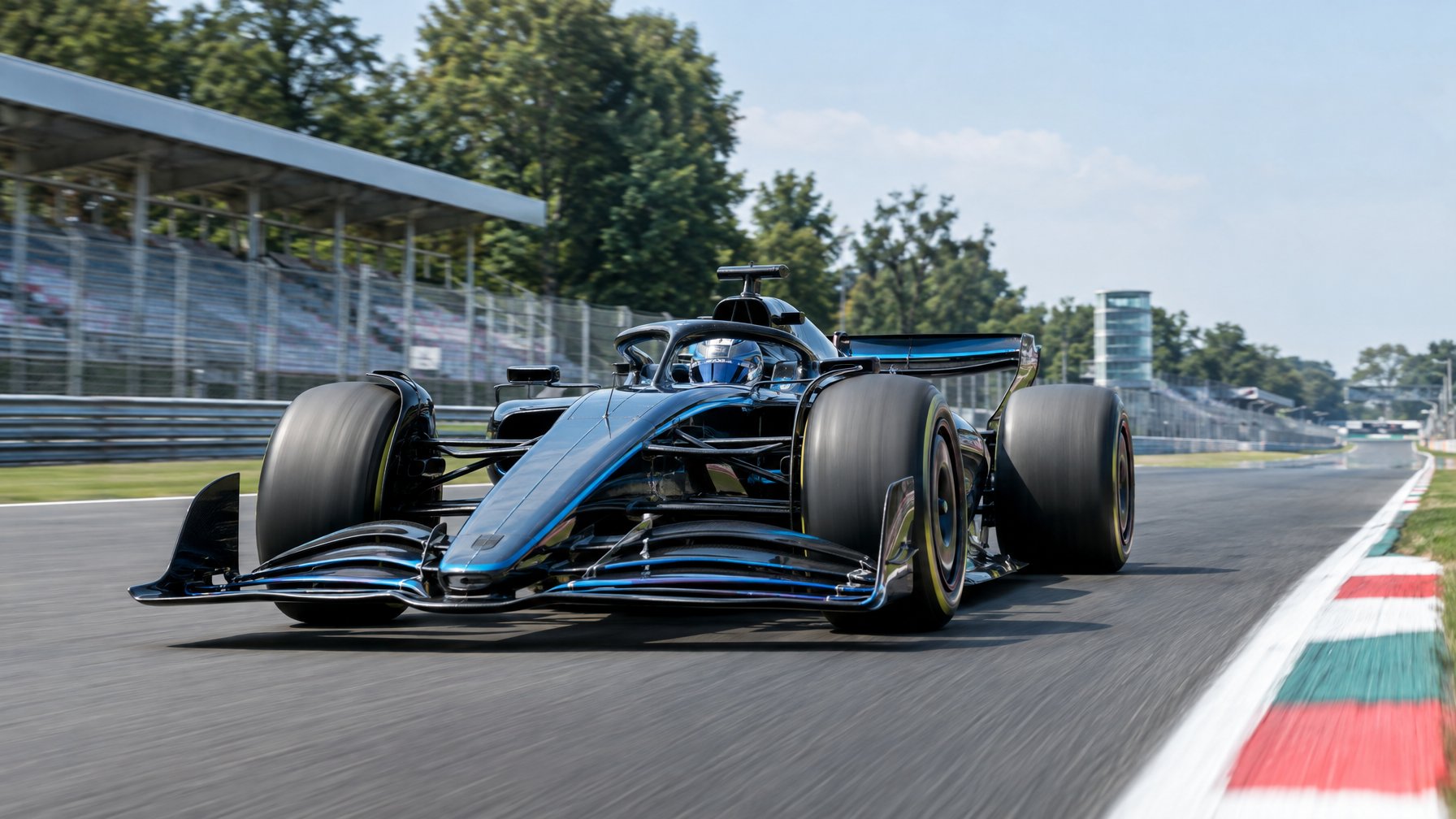 Mobil balap Formula 1 melaju kencang di lintasan lurus Monza.
