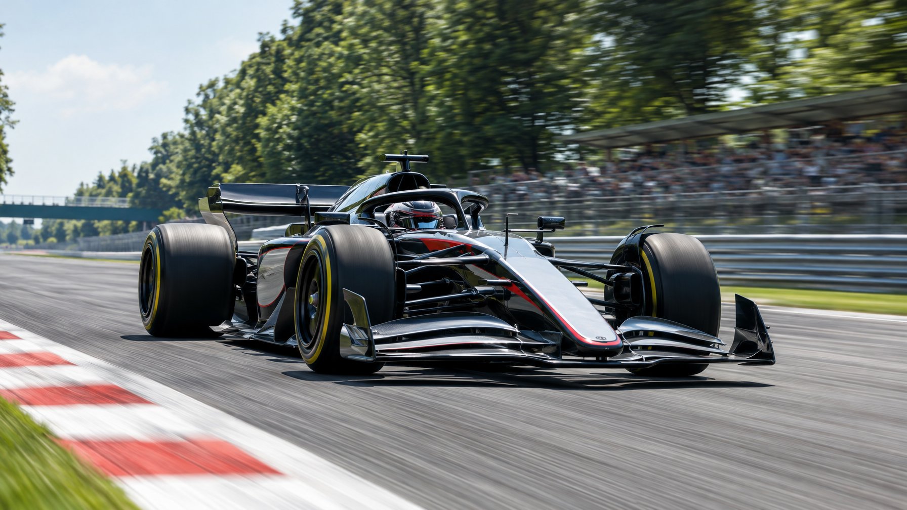 Mobil Formula 1 melaju kencang di lintasan lurus Monza.