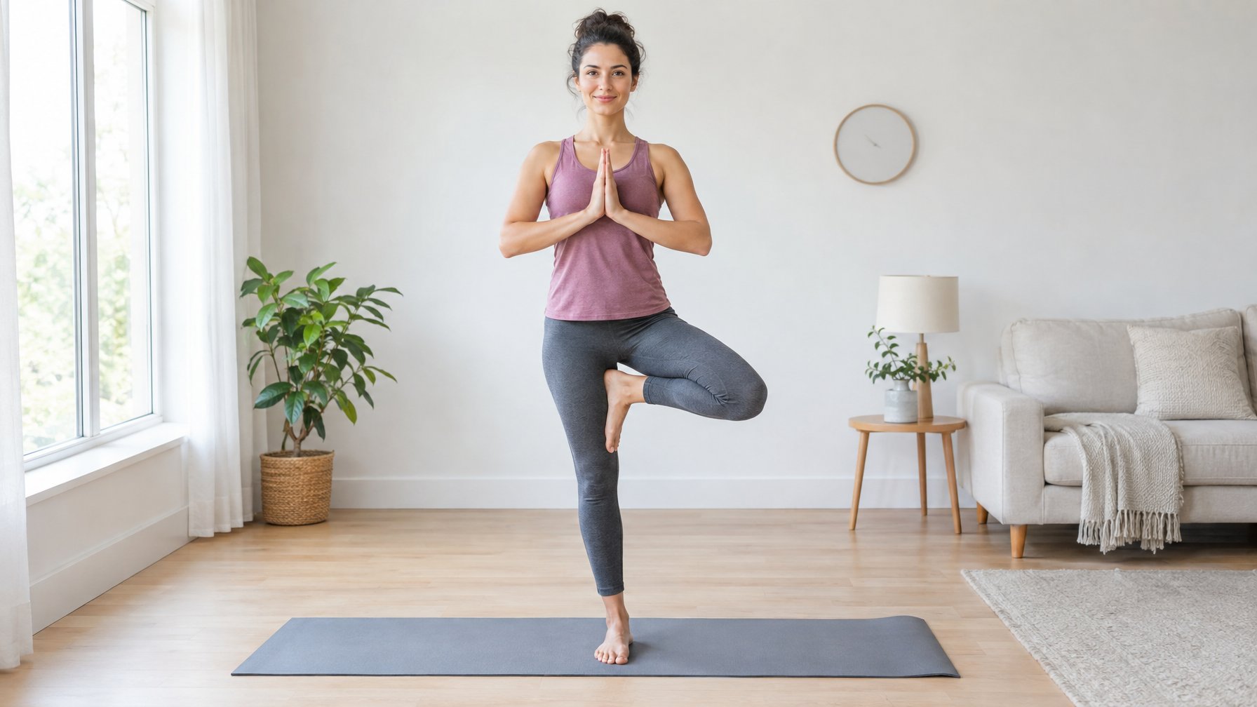 Seseorang berlatih pose yoga berdiri di atas matras di ruang tamu.