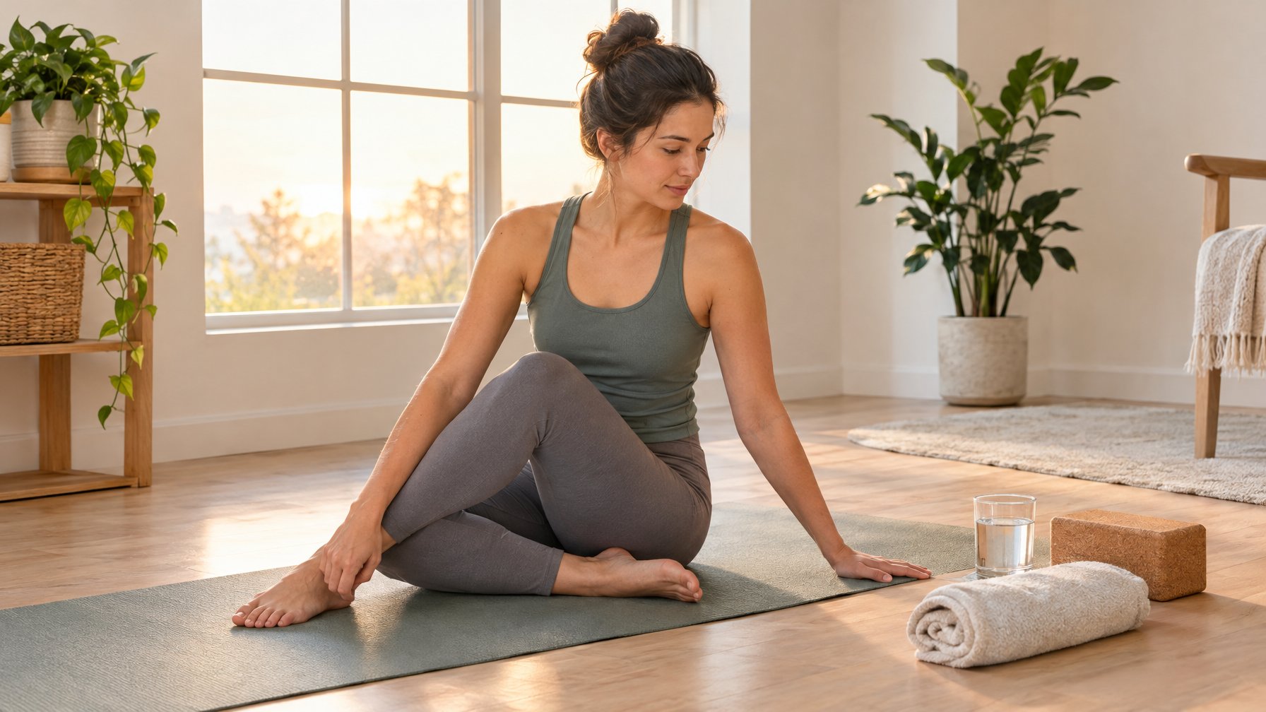 Seorang perempuan menyiapkan matras, handuk, balok yoga, dan air sebelum melakukan peregangan pagi.