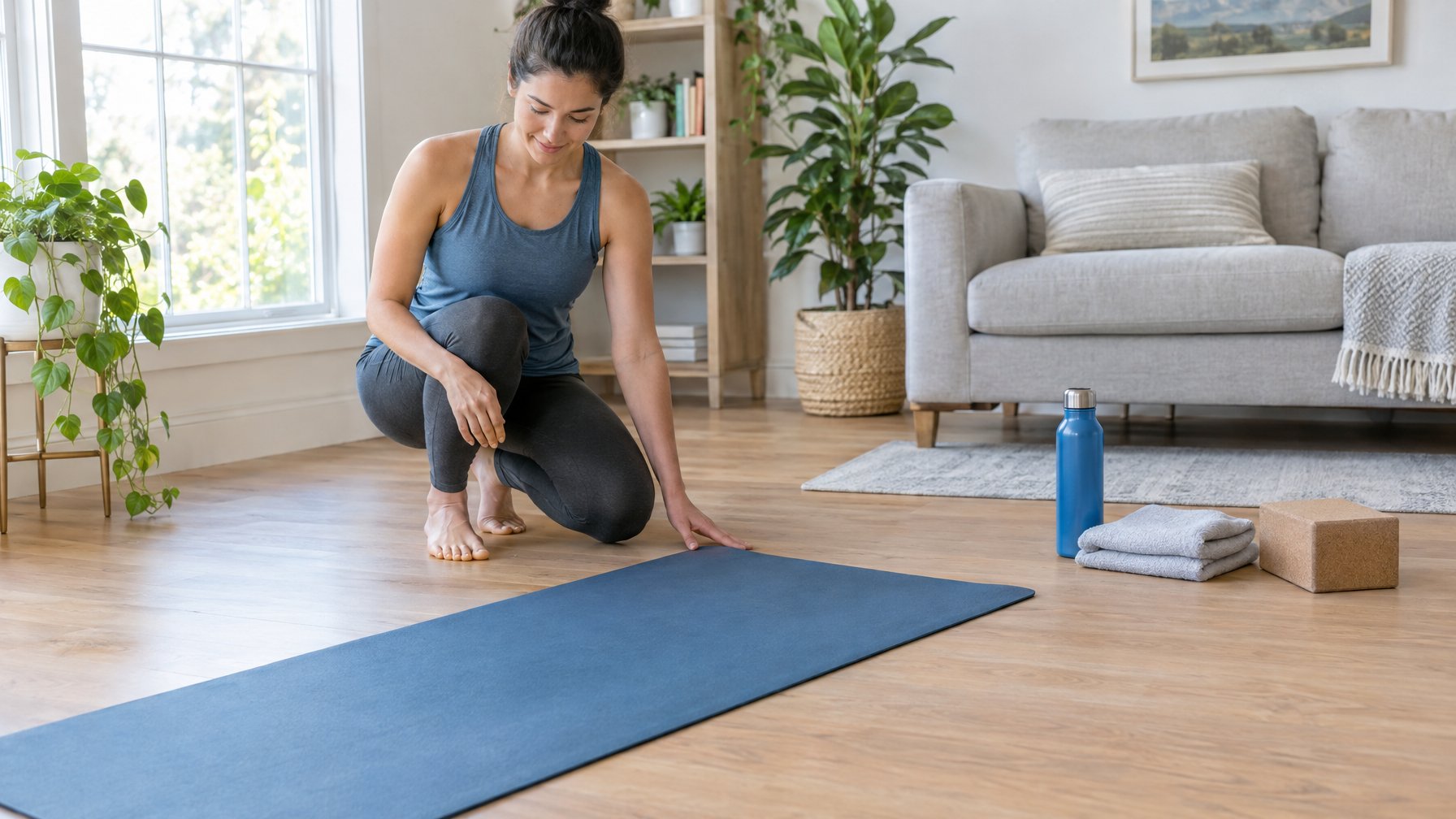 Seorang perempuan menyiapkan matras, botol air, handuk, dan balok yoga di ruang keluarga.