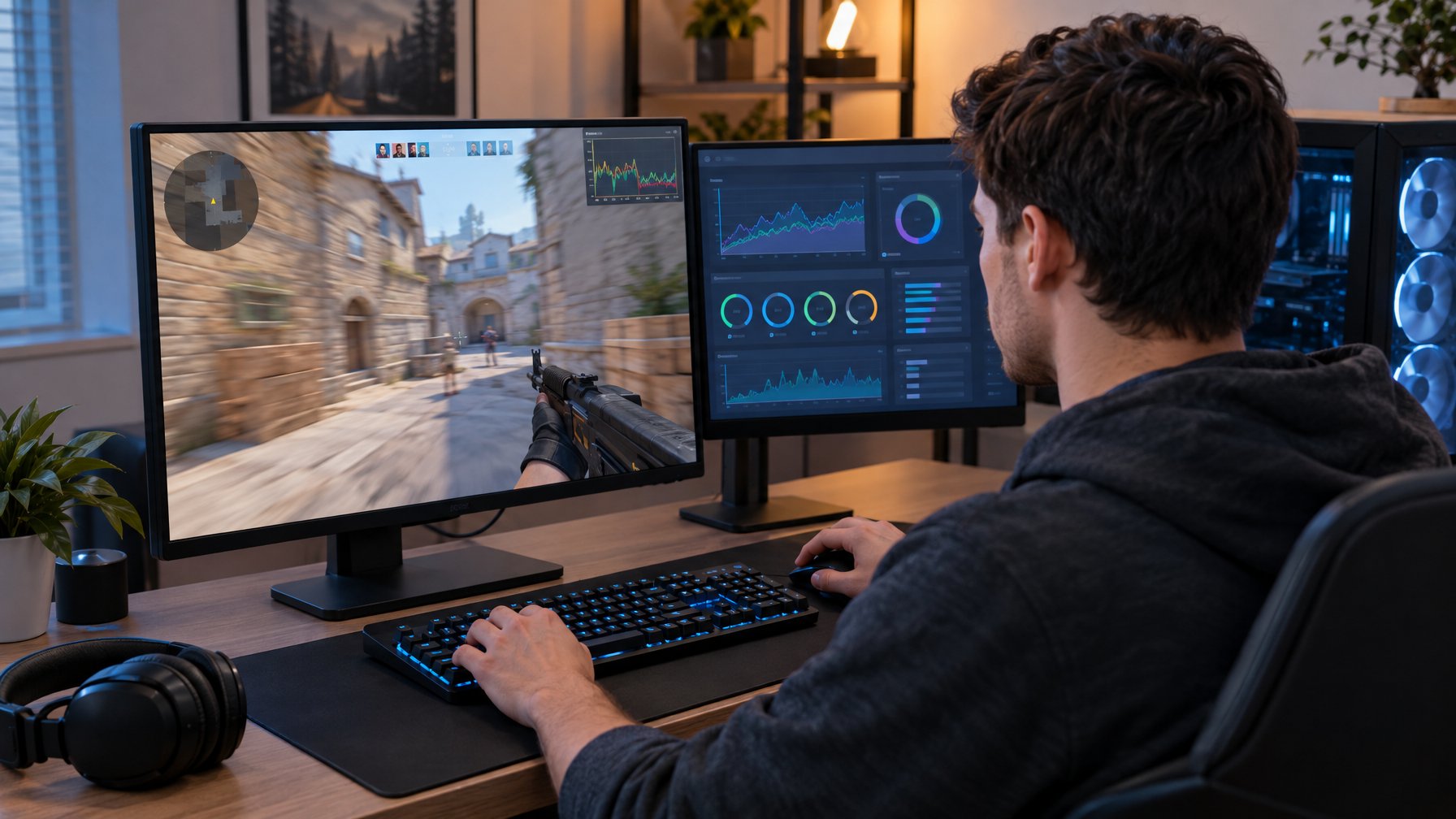 Seorang gamer memeriksa performa komputer di meja gaming sambil memainkan gim tembak-menembak.