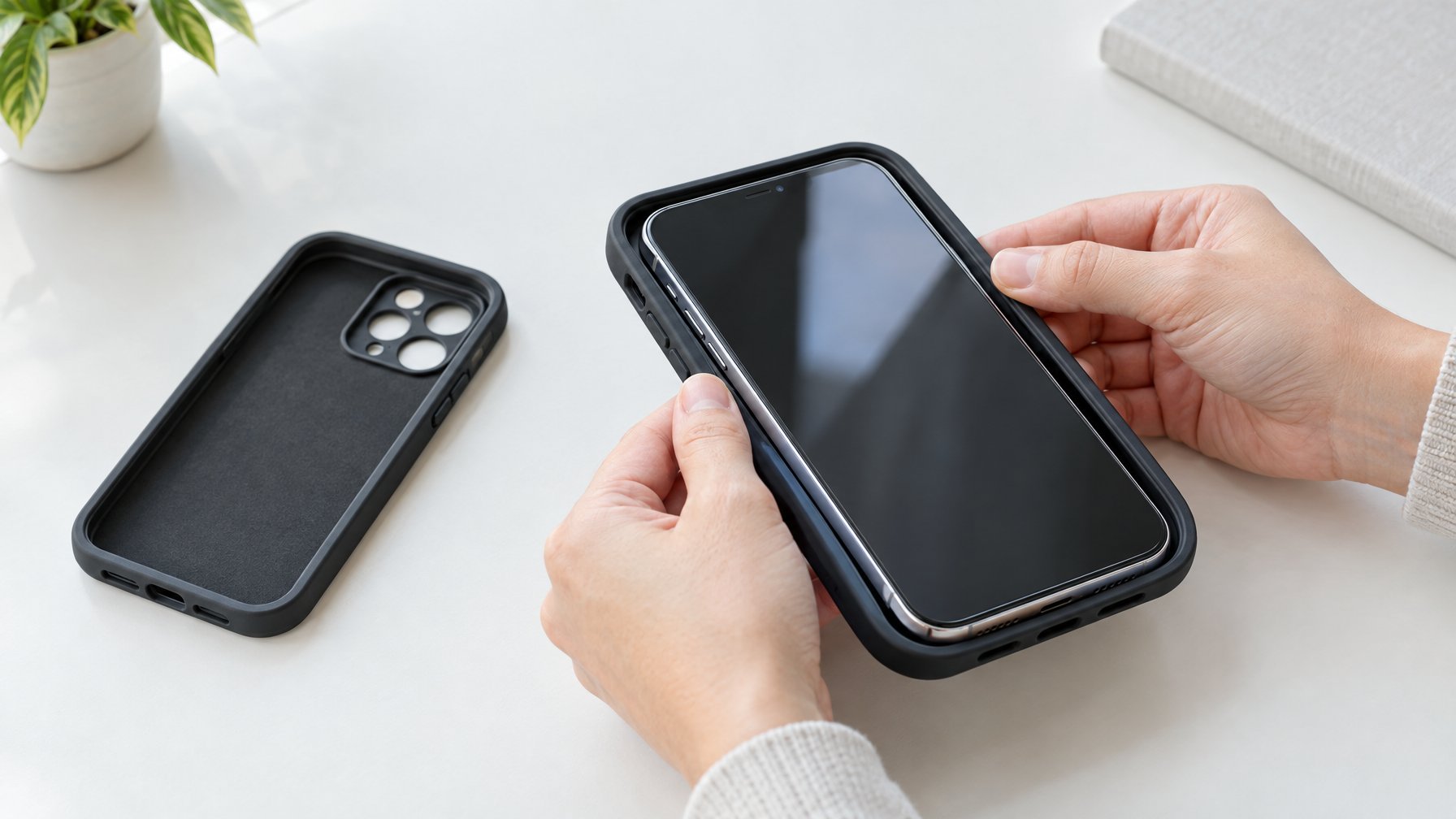 Seseorang memasang casing pelindung pada ponsel dengan pelindung layar kaca.
