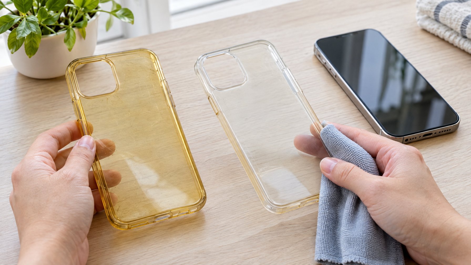 Dua casing HP transparan, satu menguning dan satu masih agak kekuningan setelah dibersihkan, diperiksa dengan kain mikrofiber.