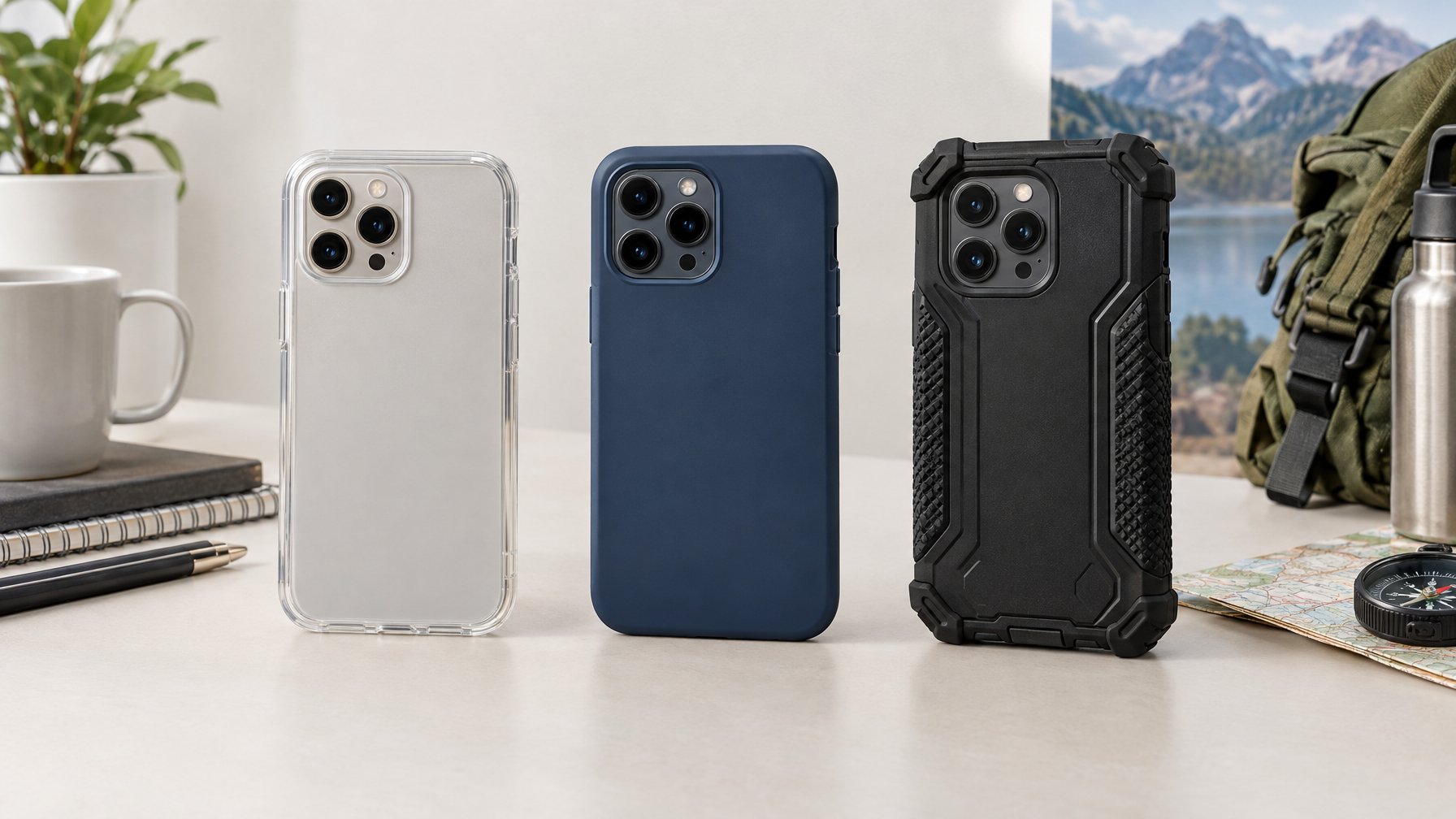 Tiga ponsel dengan casing tipis transparan, casing keras, dan casing tebal berpelindung sudut tersusun di atas meja.