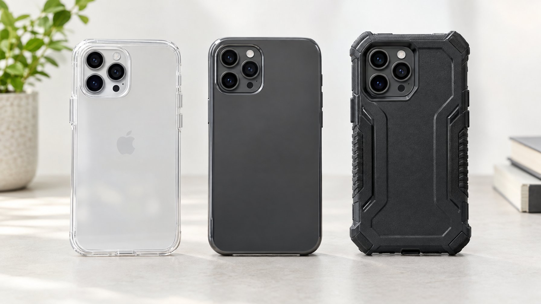 Tiga ponsel dengan softcase, hardcase, dan rugged case berjajar di atas meja.