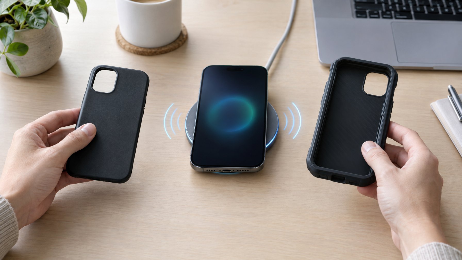 Ponsel di atas pengisi daya nirkabel dengan dua casing berbeda di sampingnya.