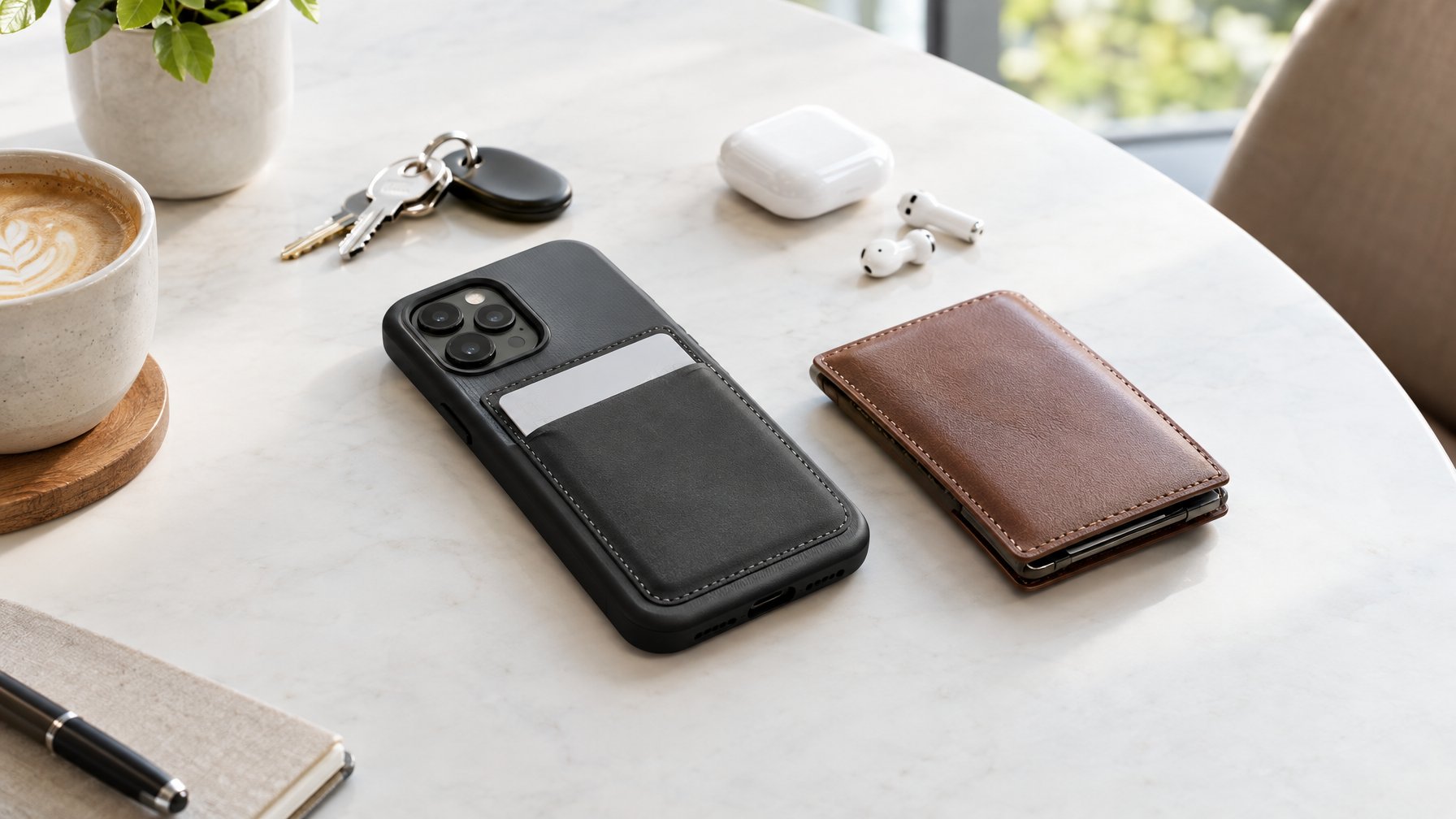 Ponsel bercasing dengan tempat kartu diletakkan di samping dompet dan barang sehari-hari.