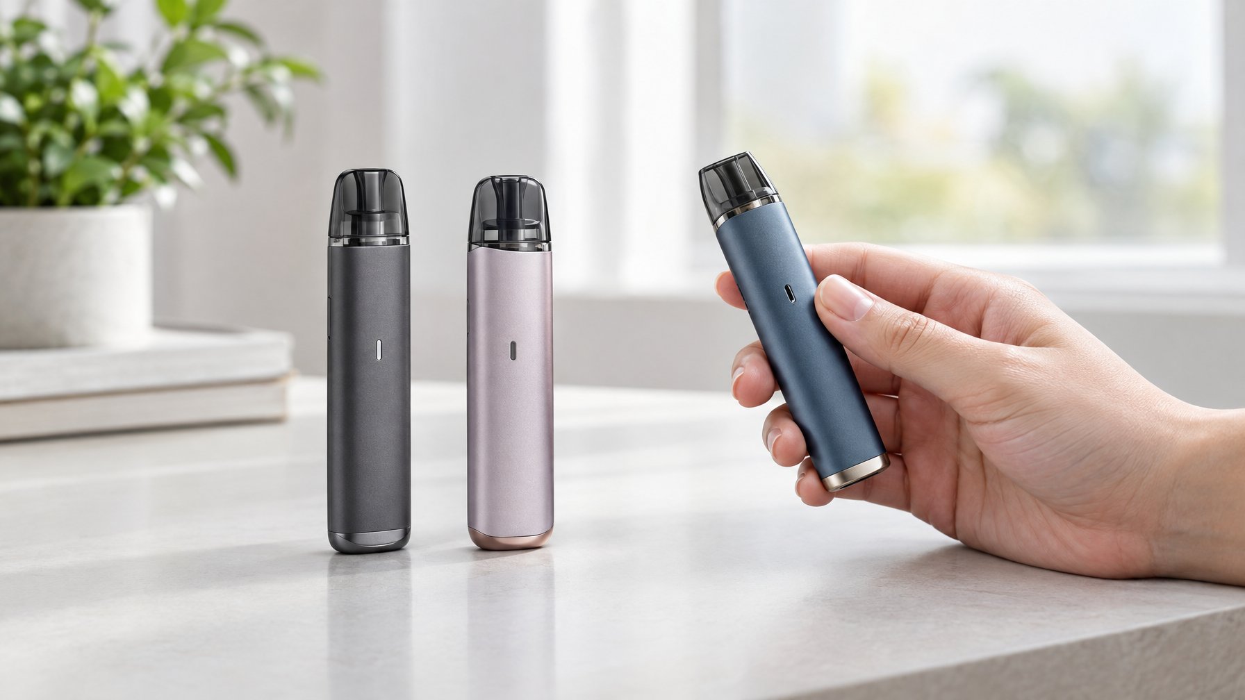 Tiga perangkat vapor pod tersusun di atas meja, dengan satu perangkat dipegang oleh tangan.