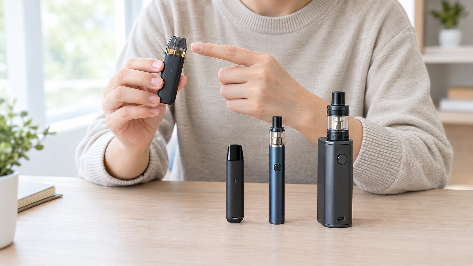 Tangan membandingkan tiga jenis perangkat vape di atas meja.