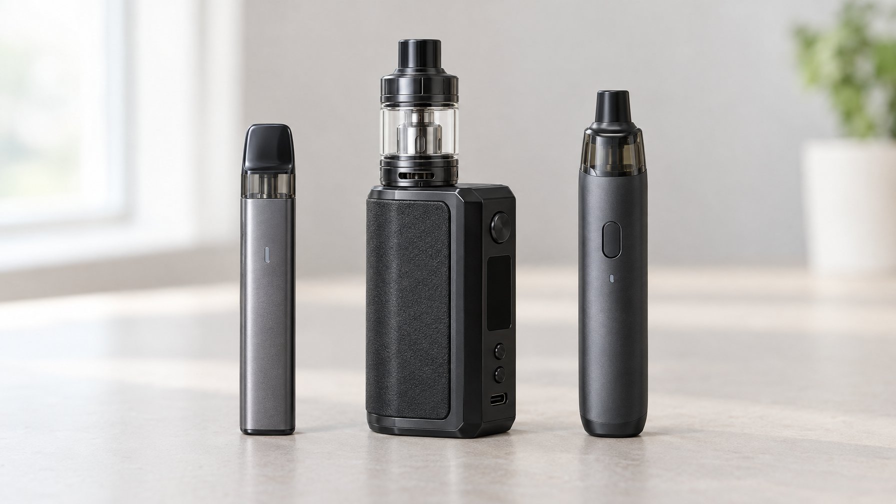Tiga jenis perangkat vapor berbeda tersusun berdampingan di atas meja.
