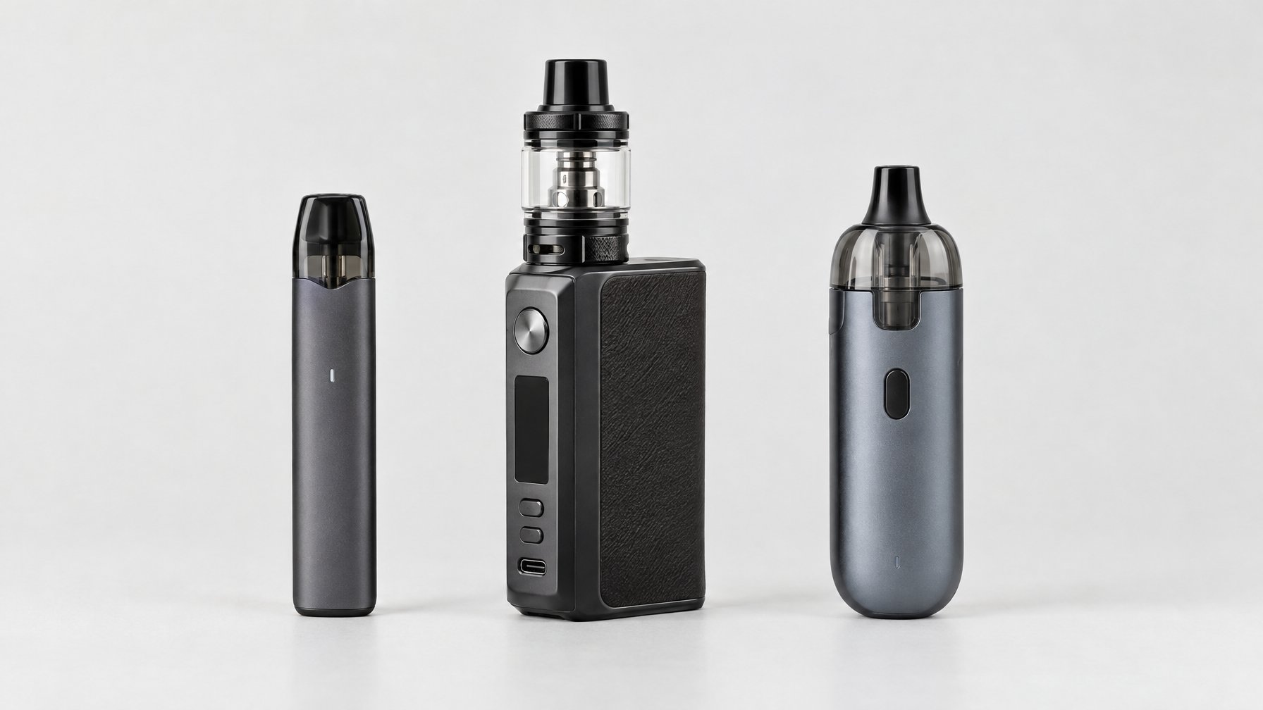 Tiga perangkat vapor berupa pod, mod, dan AIO tersusun berdampingan di atas permukaan.