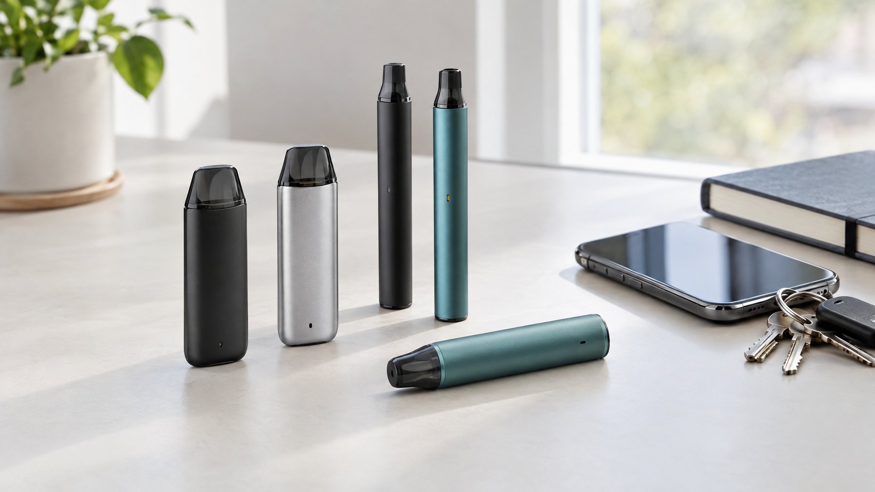 Beberapa perangkat vapor mini tersusun di atas meja bersama ponsel, kunci, dan buku catatan.