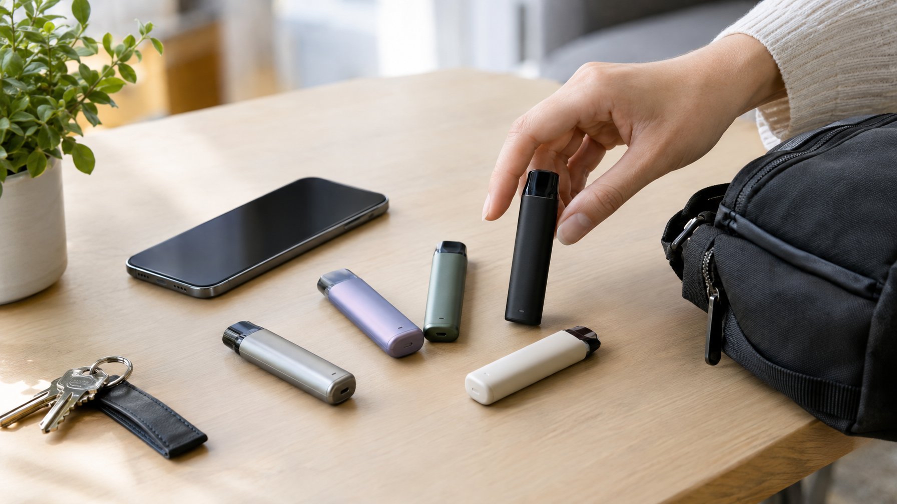 Beberapa perangkat vapor mini tertata di meja bersama ponsel, kunci, dan tas kecil.