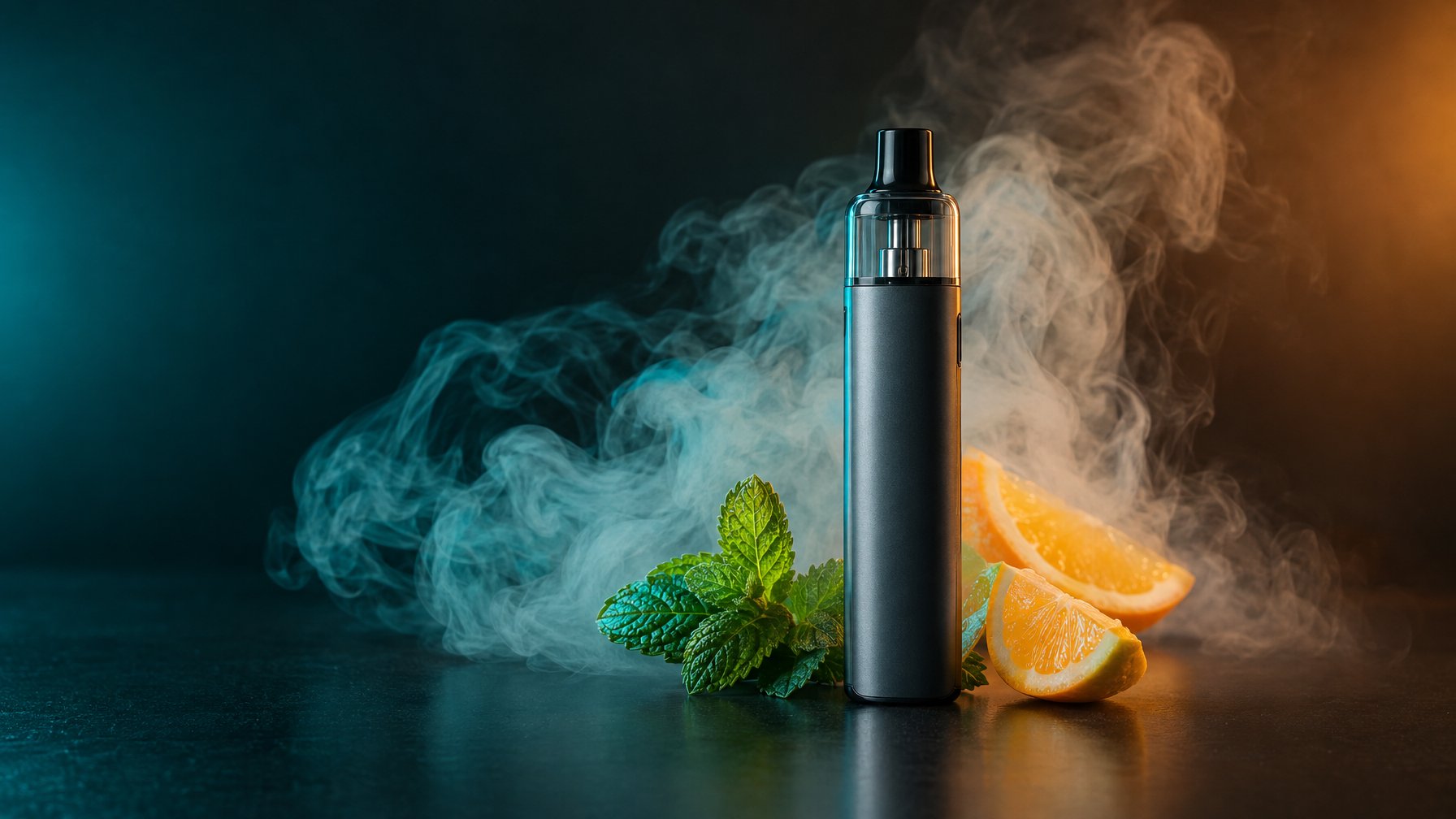 Perangkat vapor AIO berdiri di atas meja dengan kepulan uap dan daun mint serta irisan jeruk di sekitarnya.