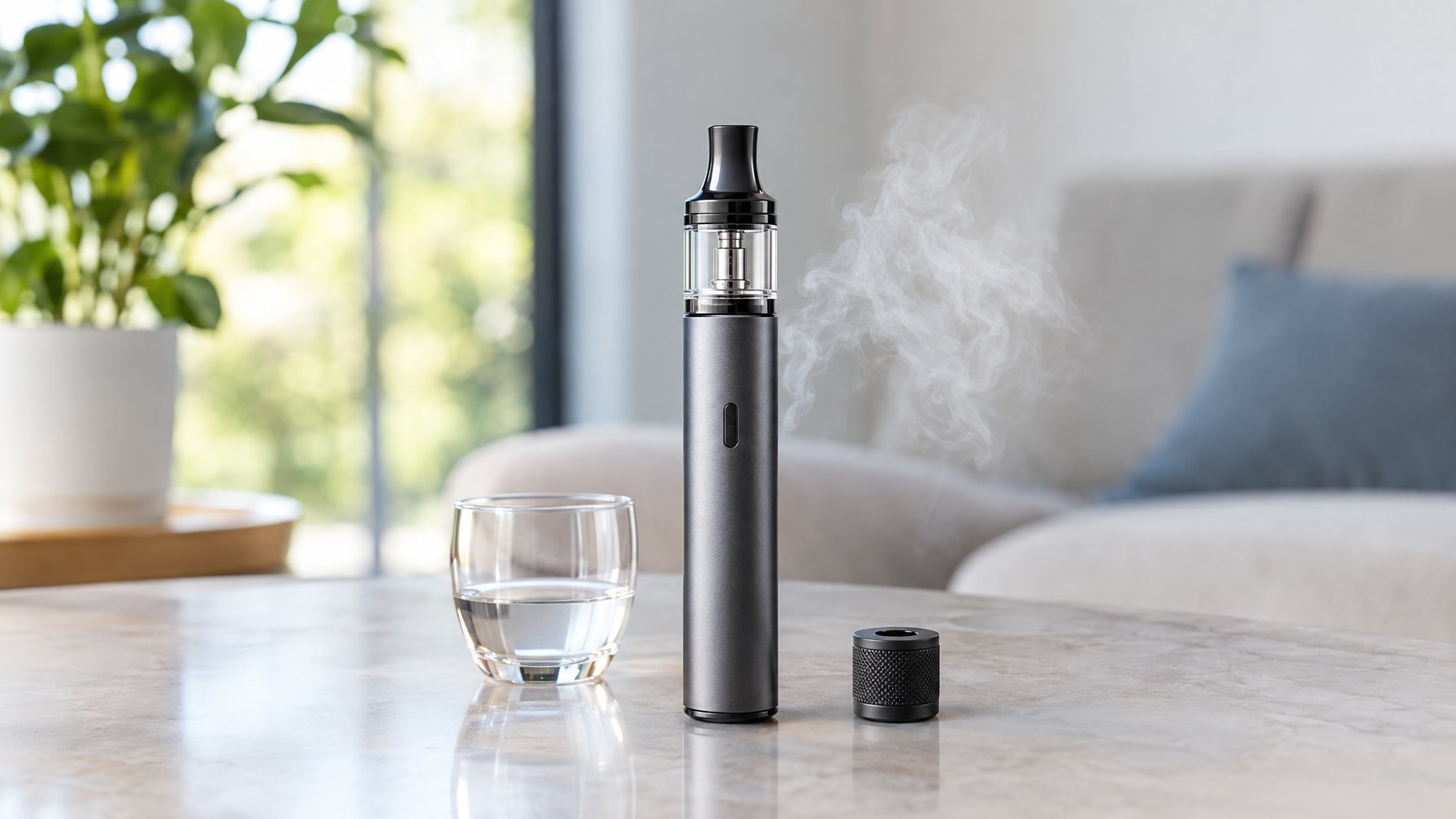 Perangkat vapor AIO berdiri di atas meja dengan sedikit uap di sampingnya.