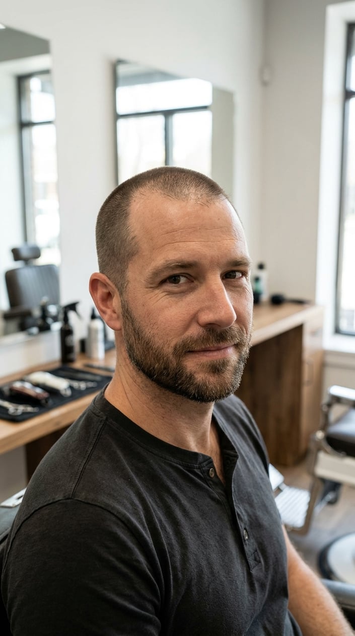 A man with a uniform buzz cut sits in a barbershop.