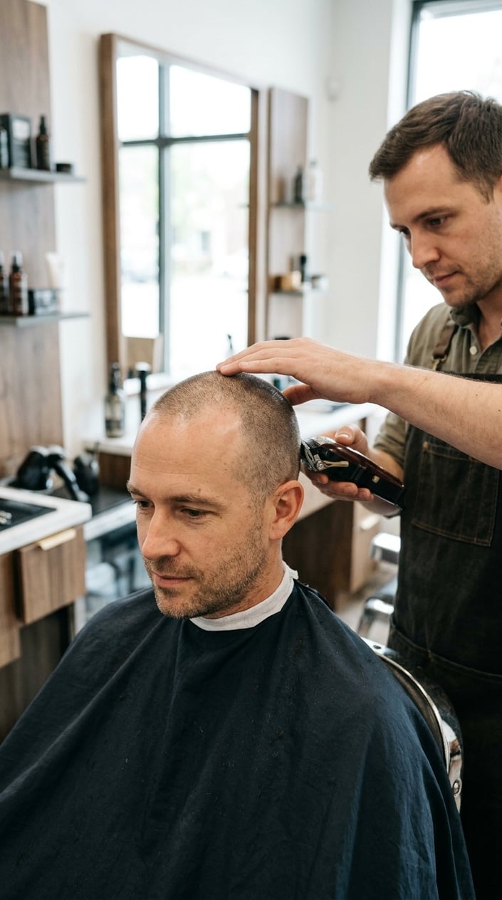 A barber trims a man’s short buzz cut in a barbershop.