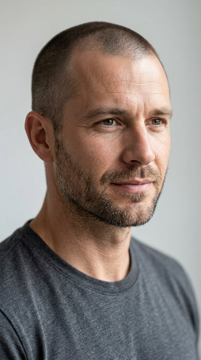 A man with a very short haircut and a receding hairline.