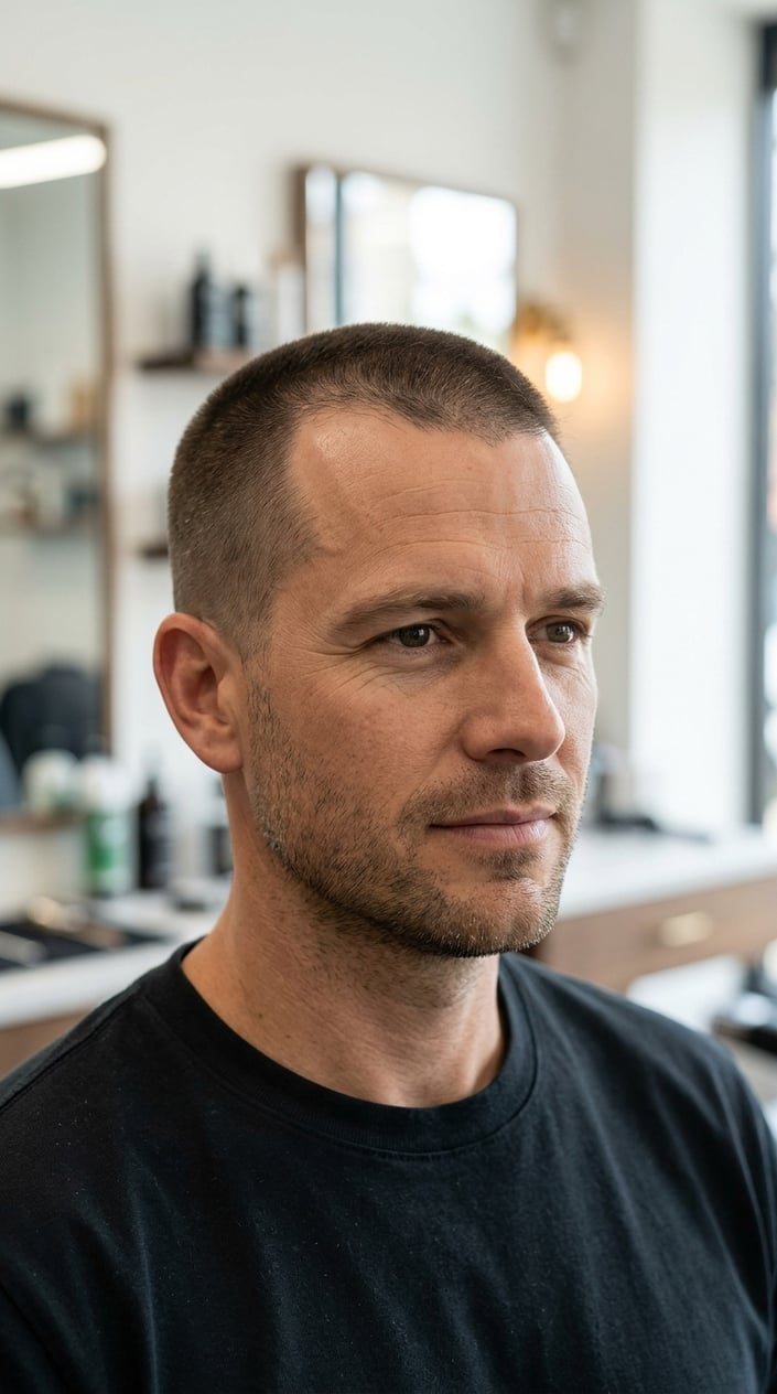 A man with a short haircut looks calmly toward the camera.