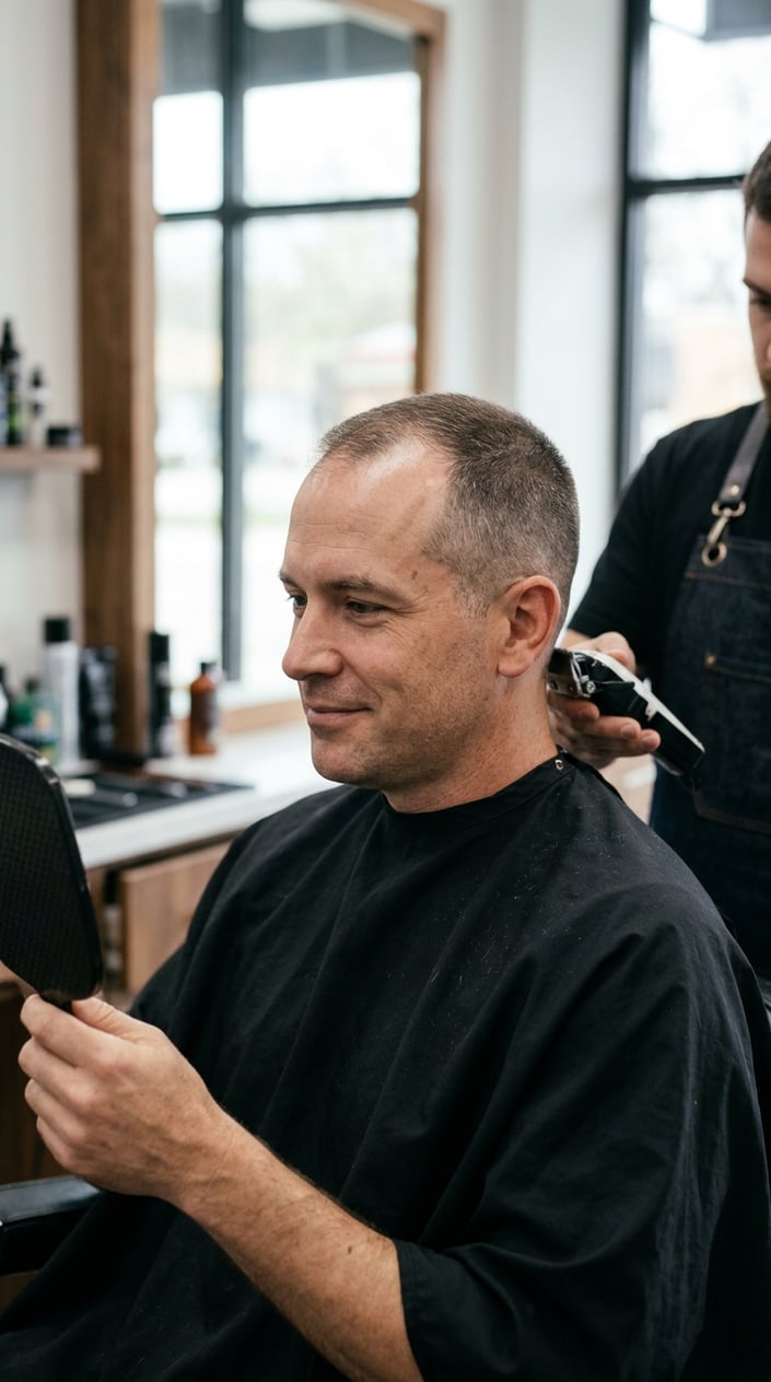 A man with a short haircut sits in a barbershop while a barber tidies his neckline.