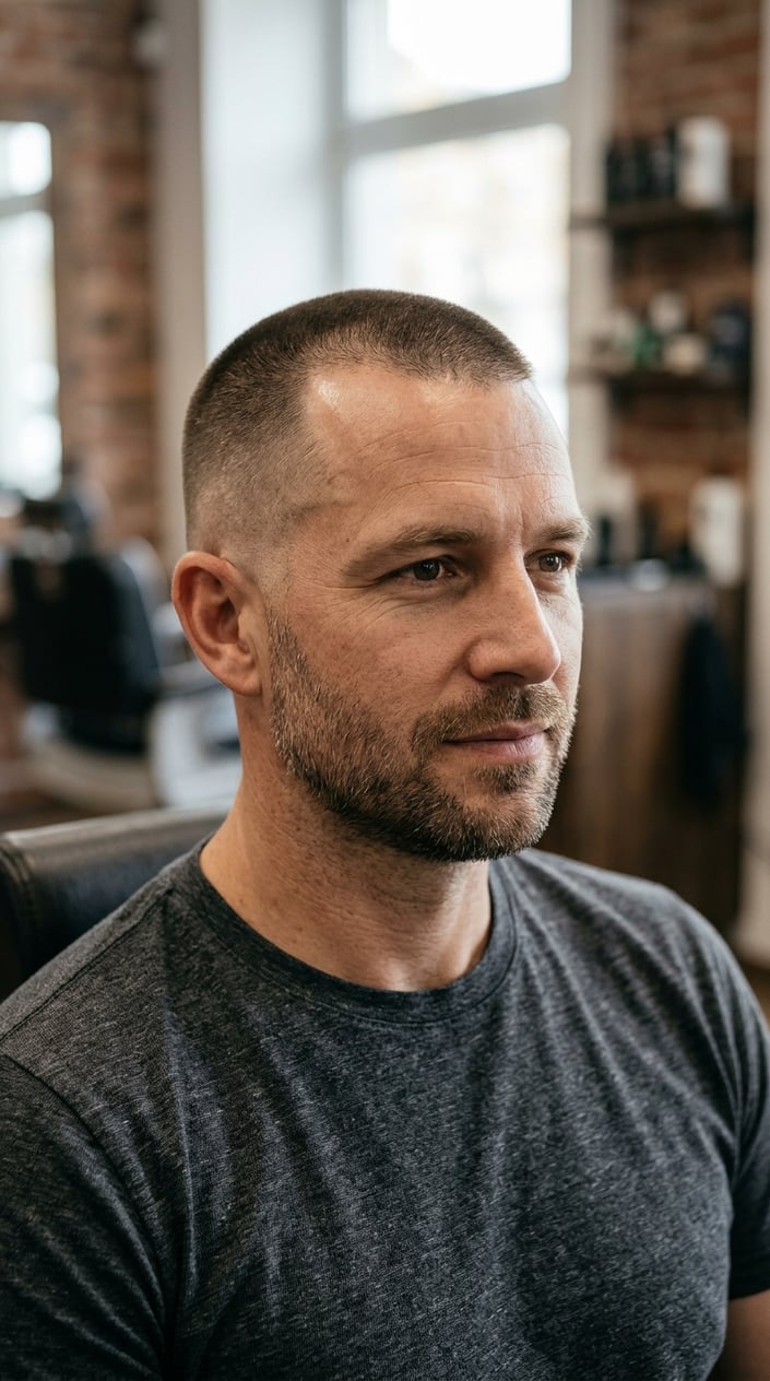 A man with a short buzz cut and closely trimmed sides.