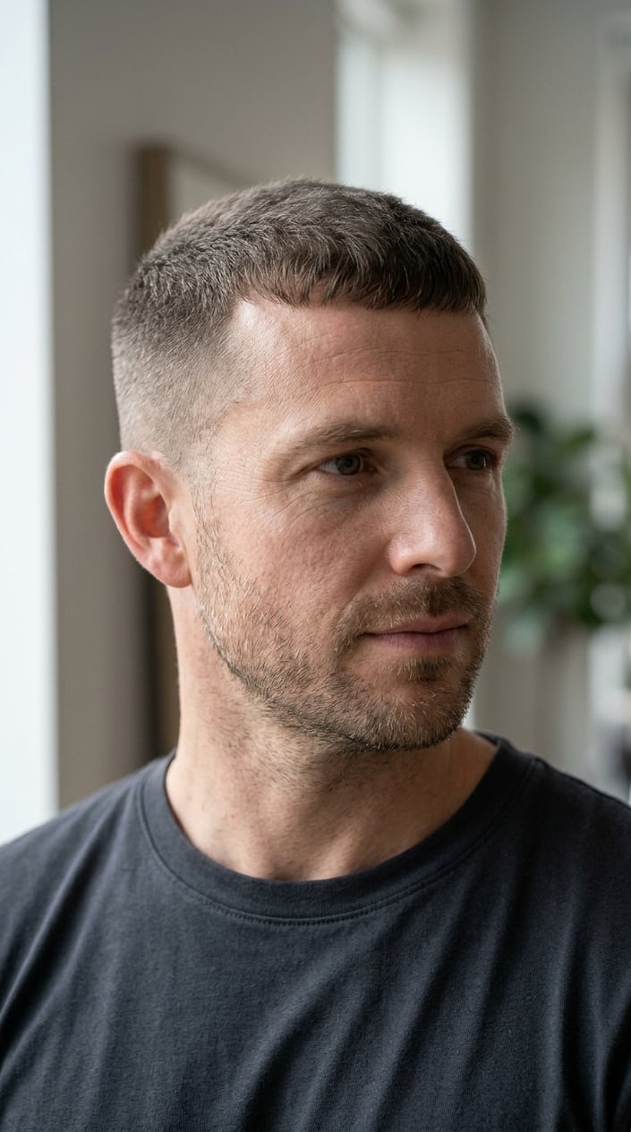 A man with closely cropped hair and a short fringe.