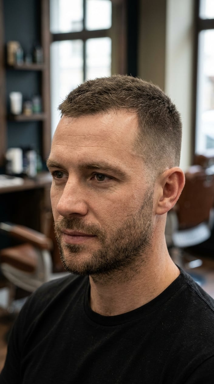 A man with a textured buzz cut sits in a barbershop.