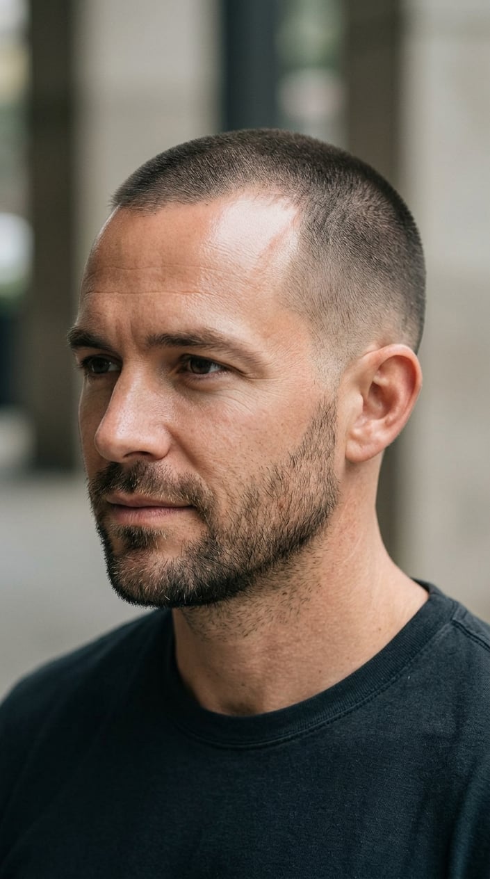 A man with a short haircut looks calmly toward the camera.