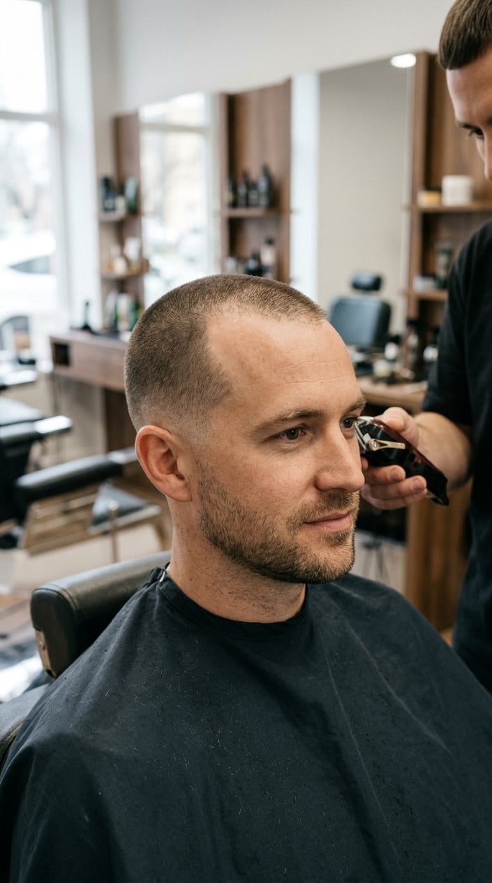 A barber trims a man's short hair in a barbershop.
