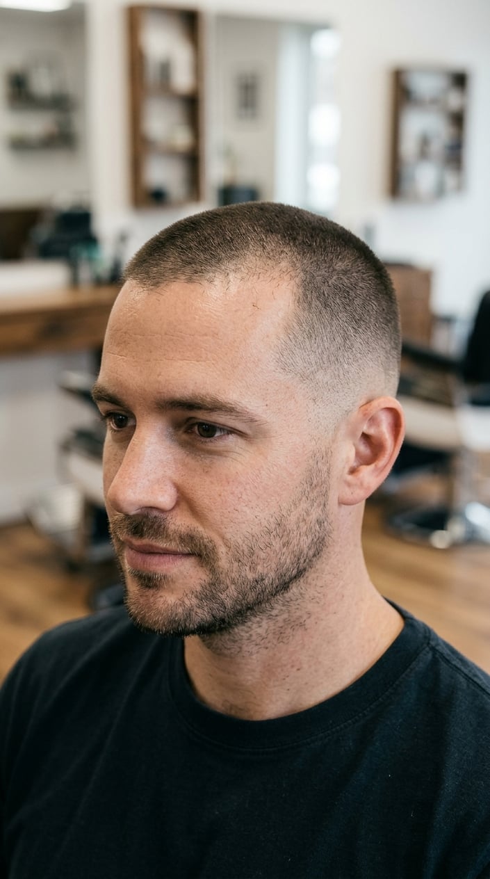A man with a short haircut sits in a barbershop.