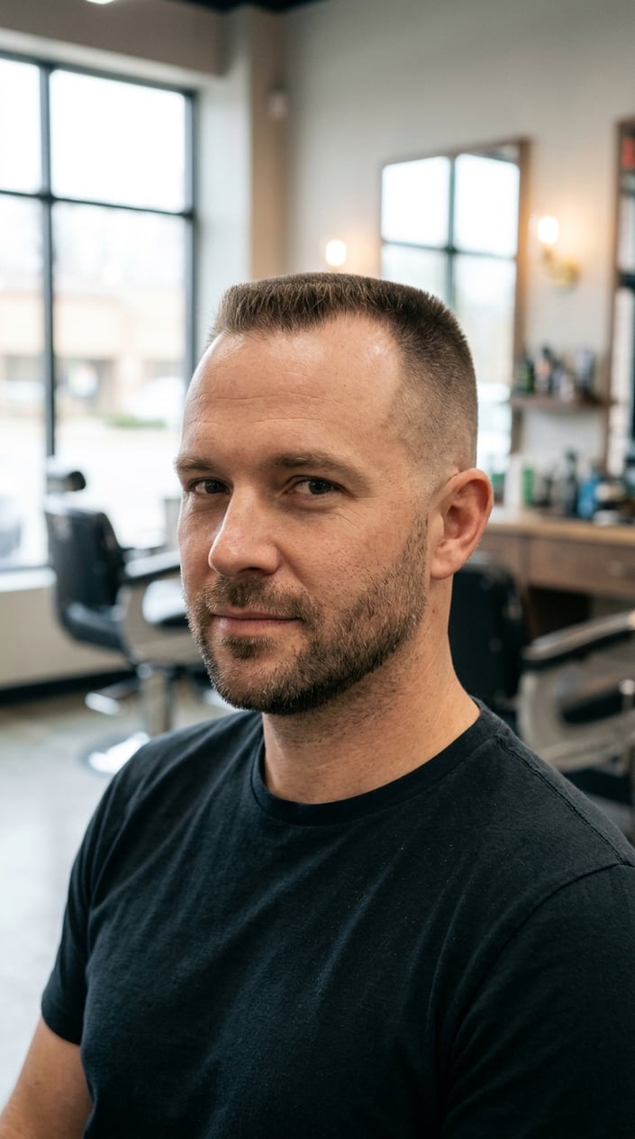 A man with a short, flat-top buzz cut in a barbershop.