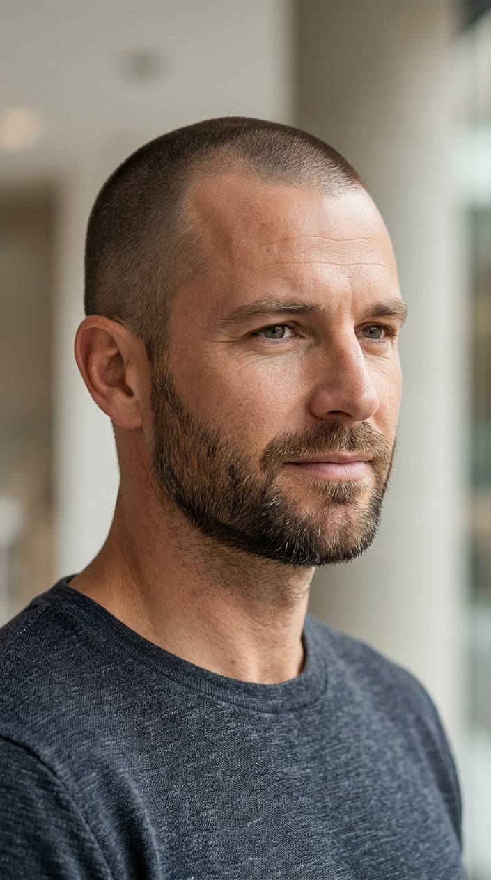 A man with a short buzz cut and a neatly groomed beard.