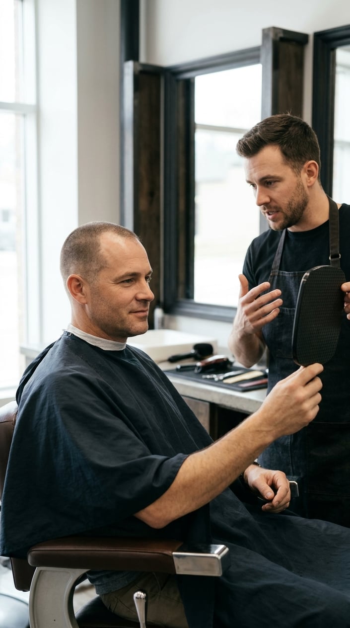 A barber consults with a man who has a short buzz cut in a barbershop.