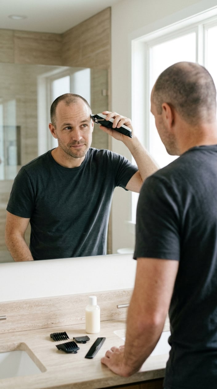 A man checks his short haircut in a bathroom mirror while holding electric clippers.
