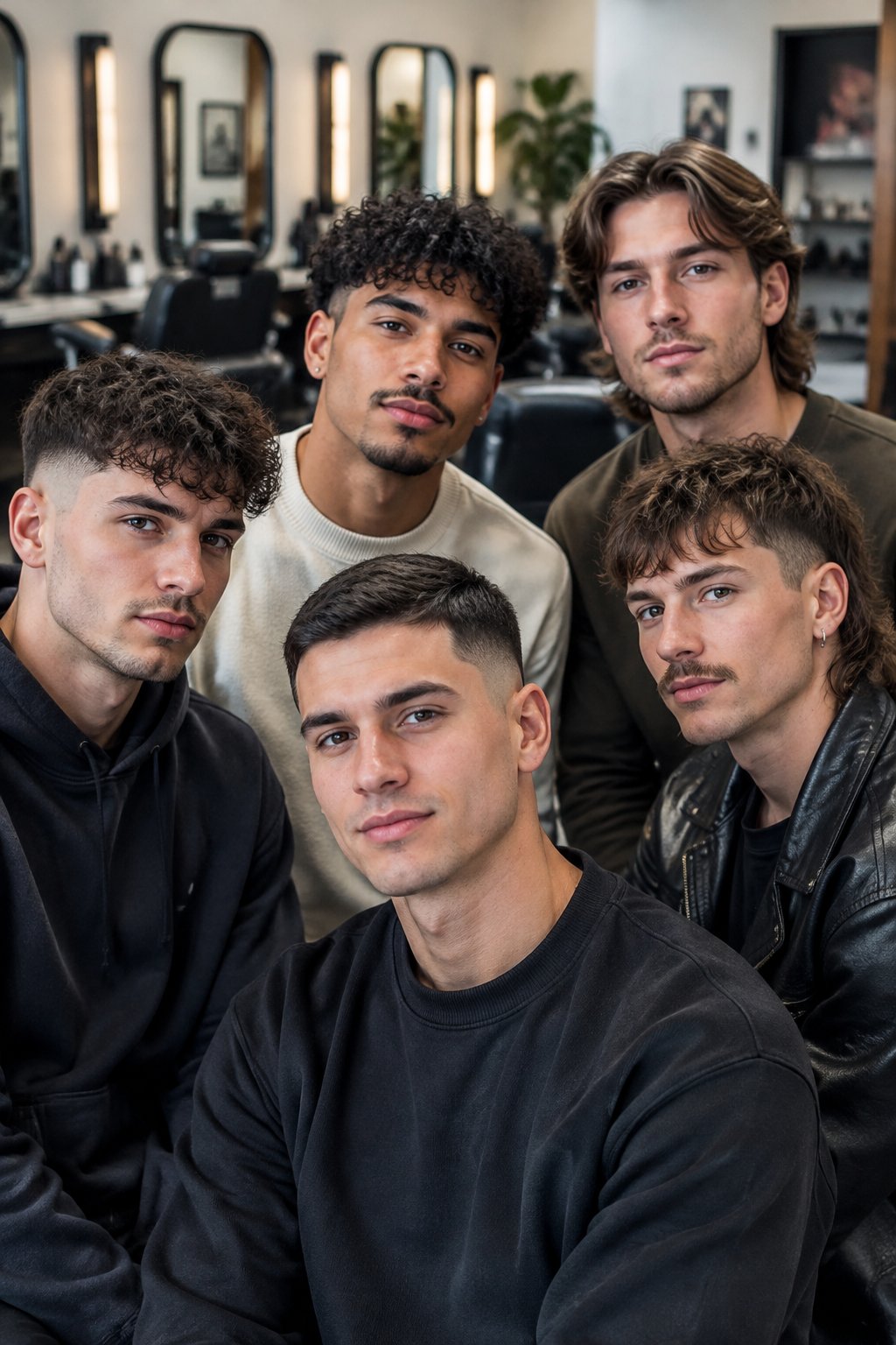 Five young men stand together in a barbershop.