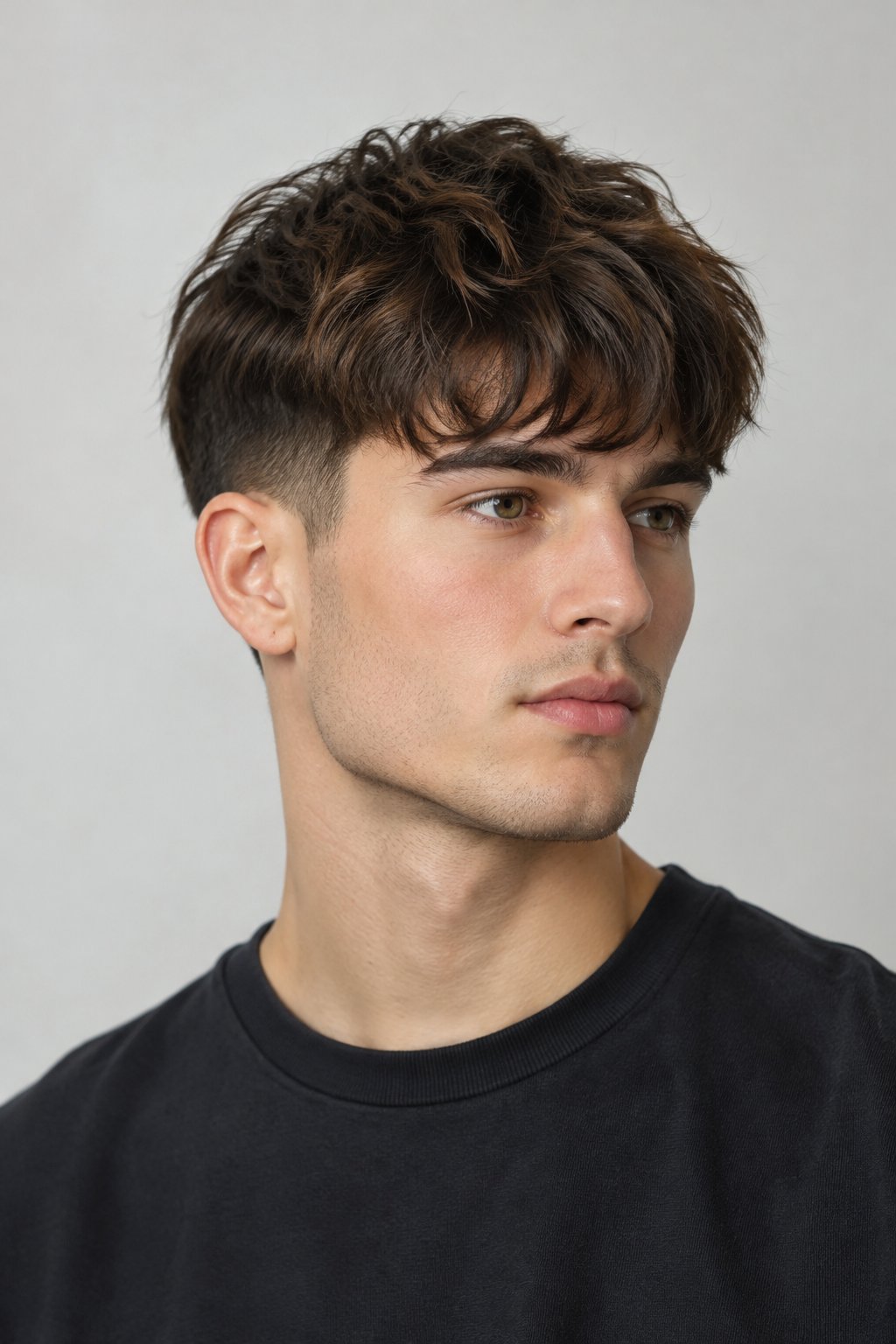 A young man poses against a plain background.