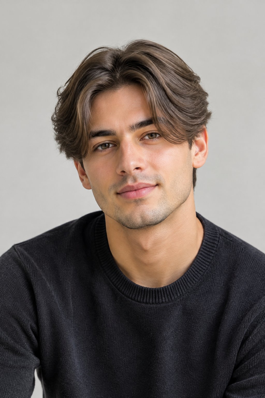A young man with medium-length hair parted down the center.