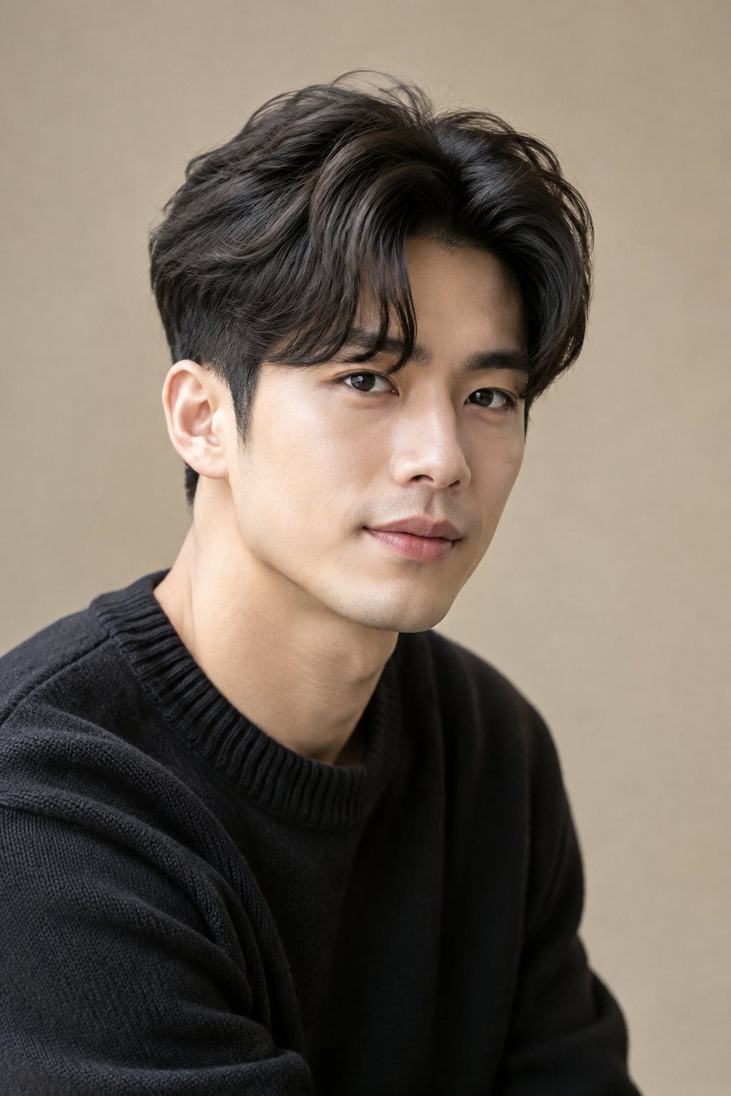 A young man poses against a plain background.