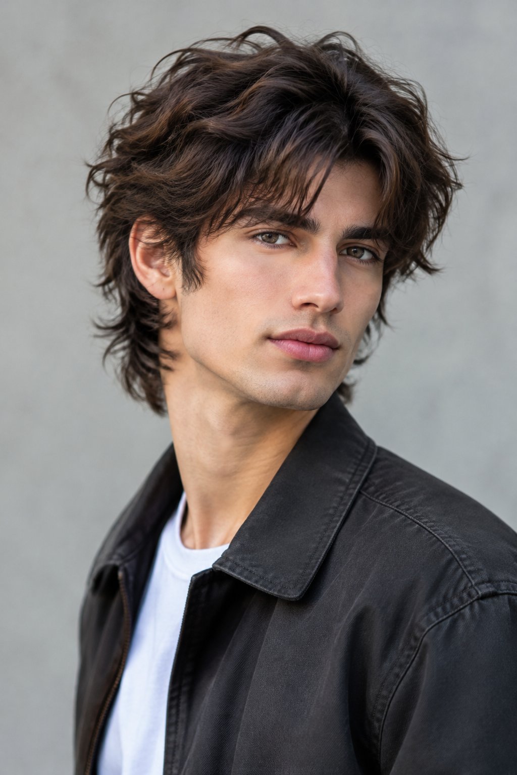 A young man poses against a softly blurred background.