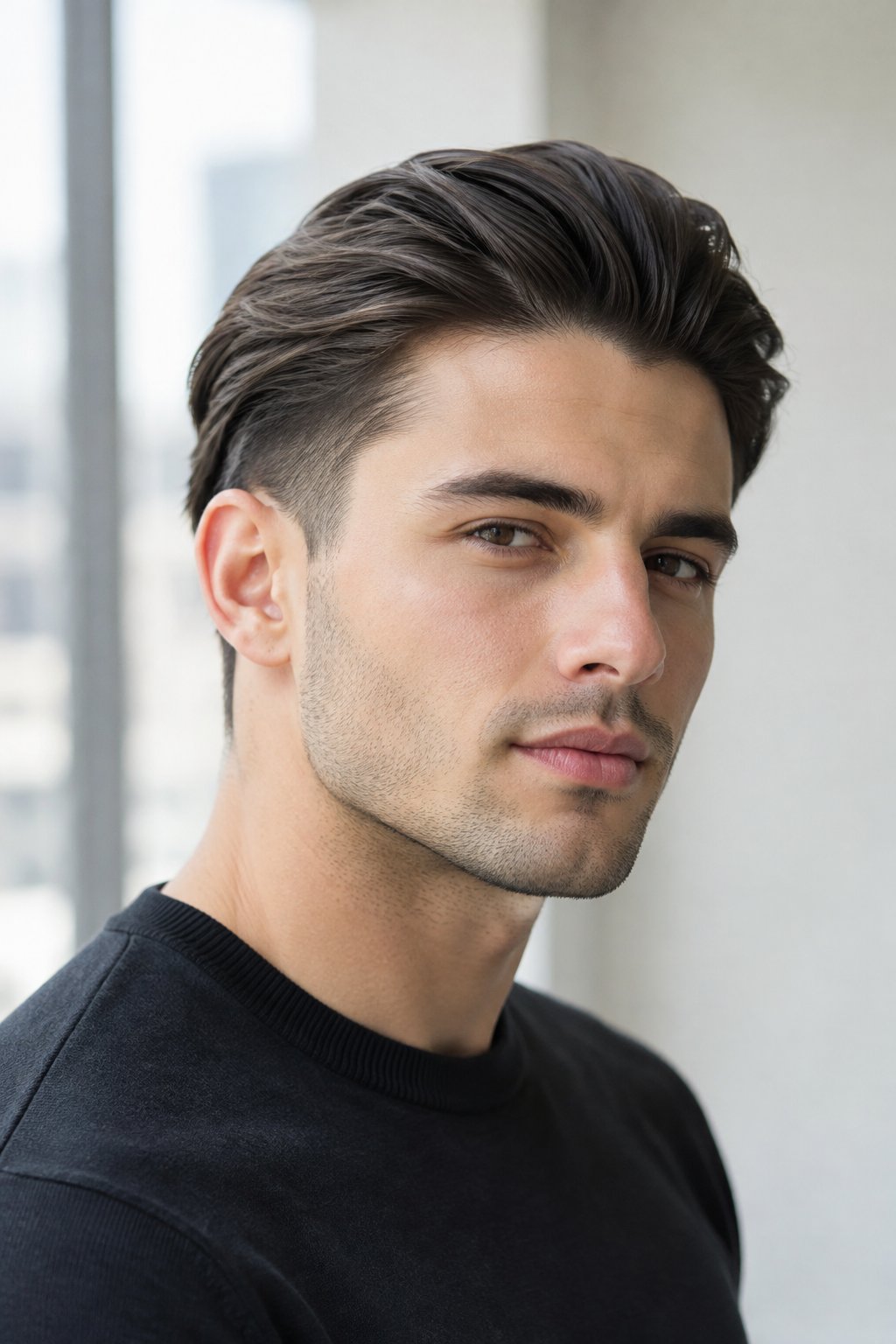 A young man stands in a bright studio.