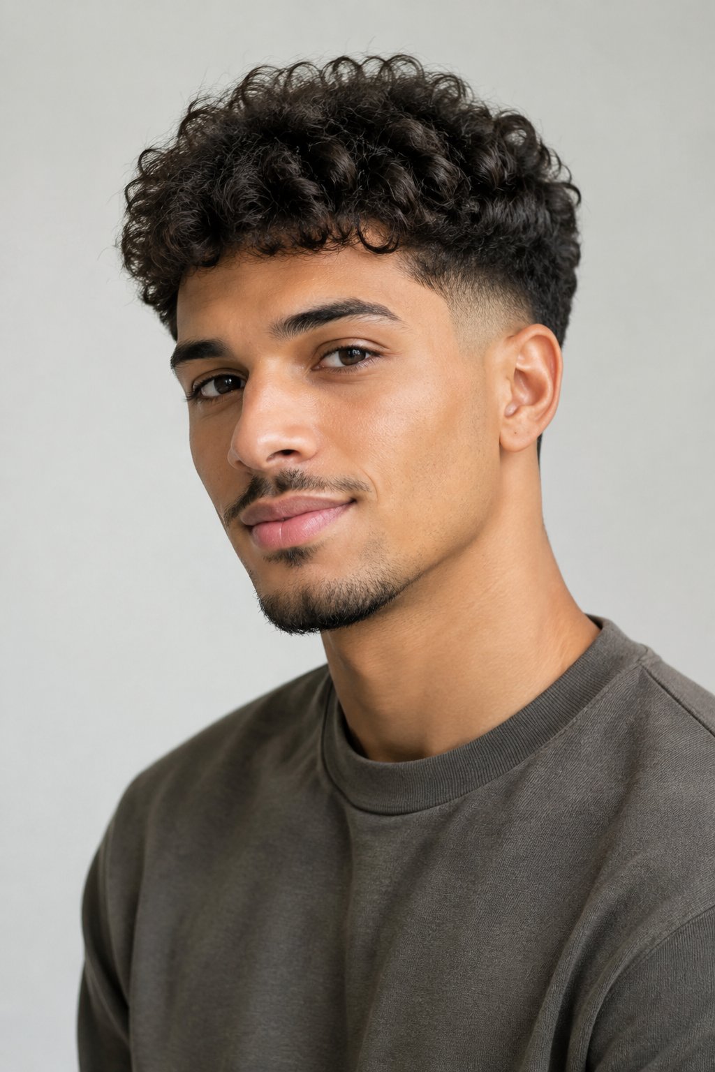 A young man with curly hair posing for a portrait.