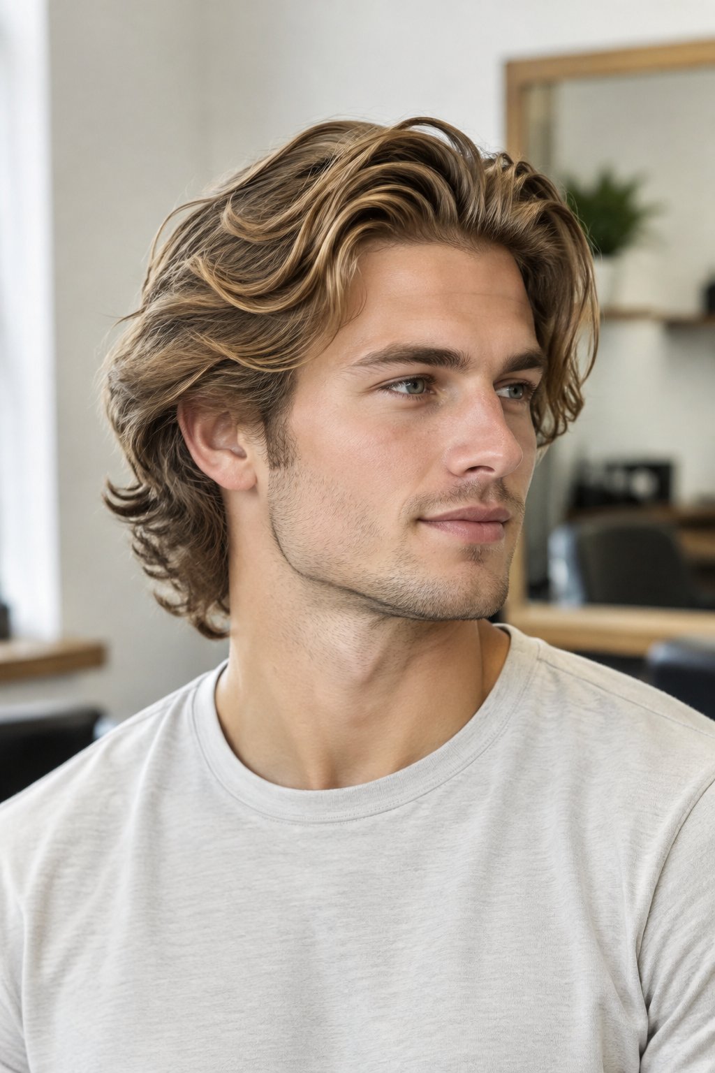 A young man with medium-length wavy hair stands in a softly lit barbershop.