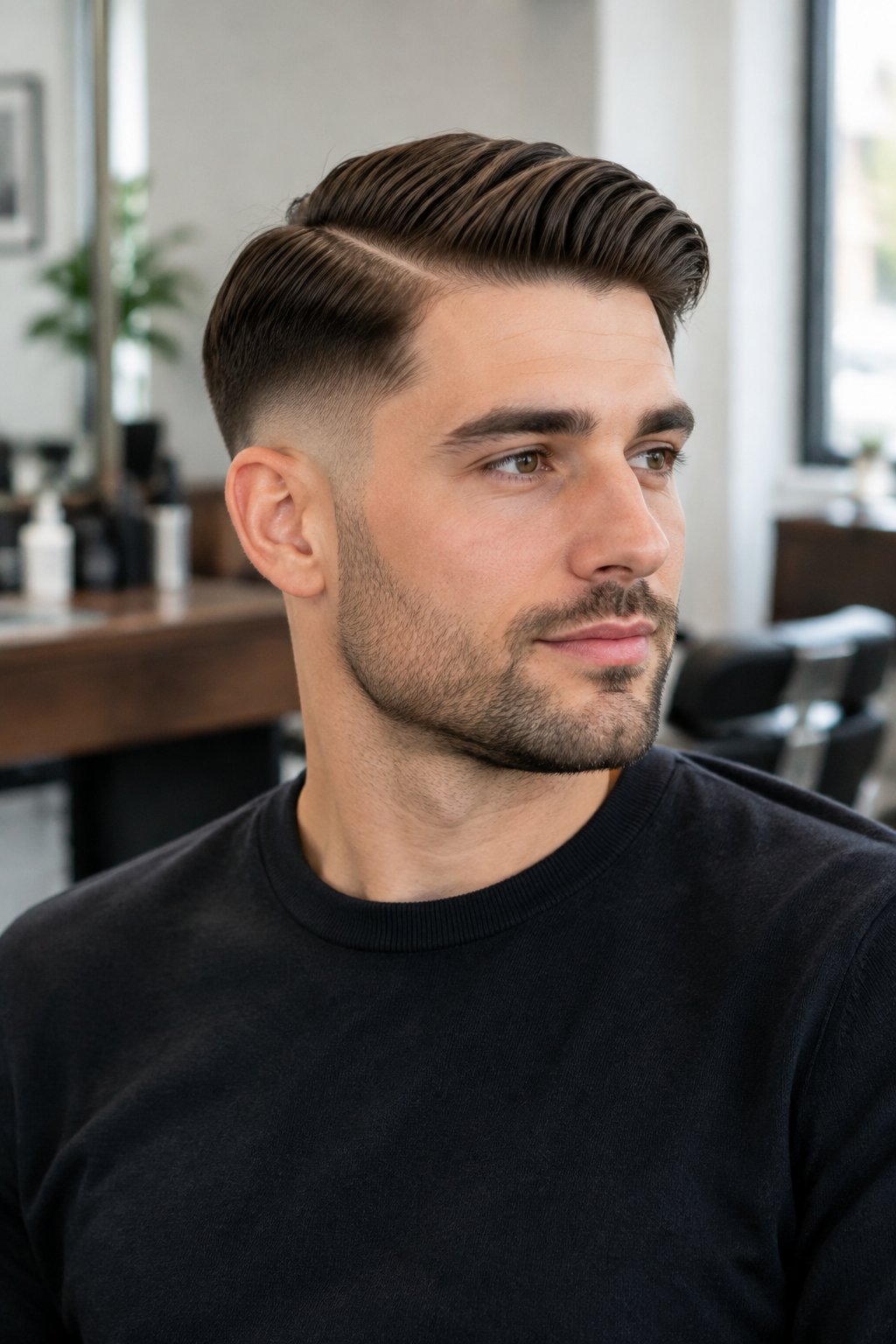 A man poses in a modern barbershop.